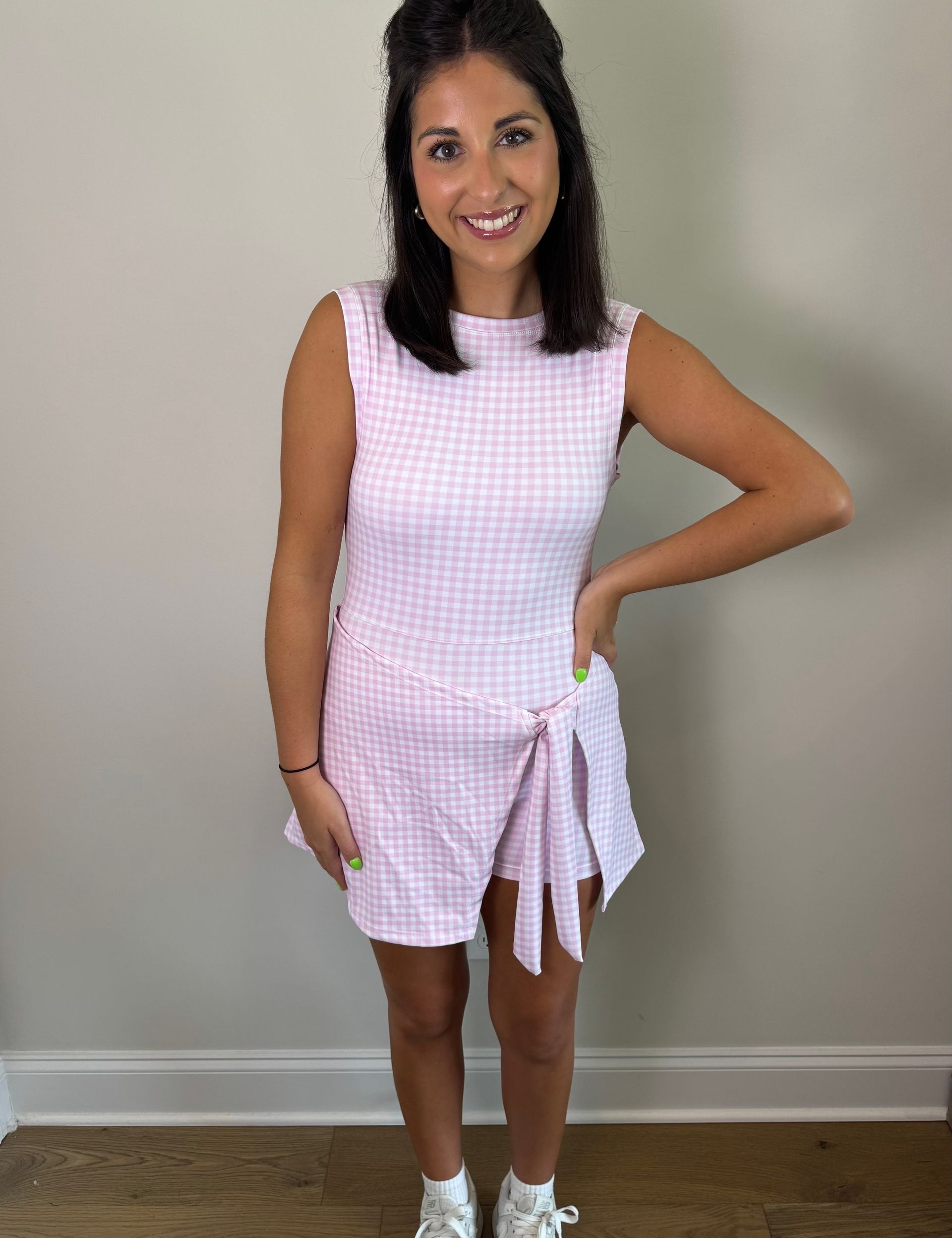 Pink Gingham Sleeveless Wrap Tie Front Dress