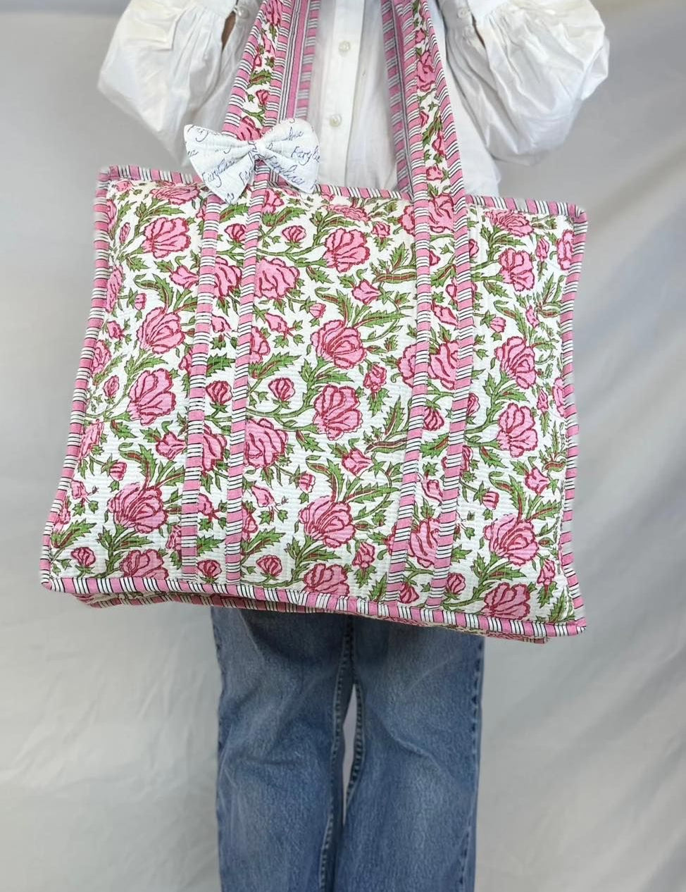 Rose Garden Quilted Cotton Tote Bag – Pink & Green