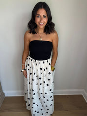 The Marilyn Black/White Strapless Polka Dot Midi Dress