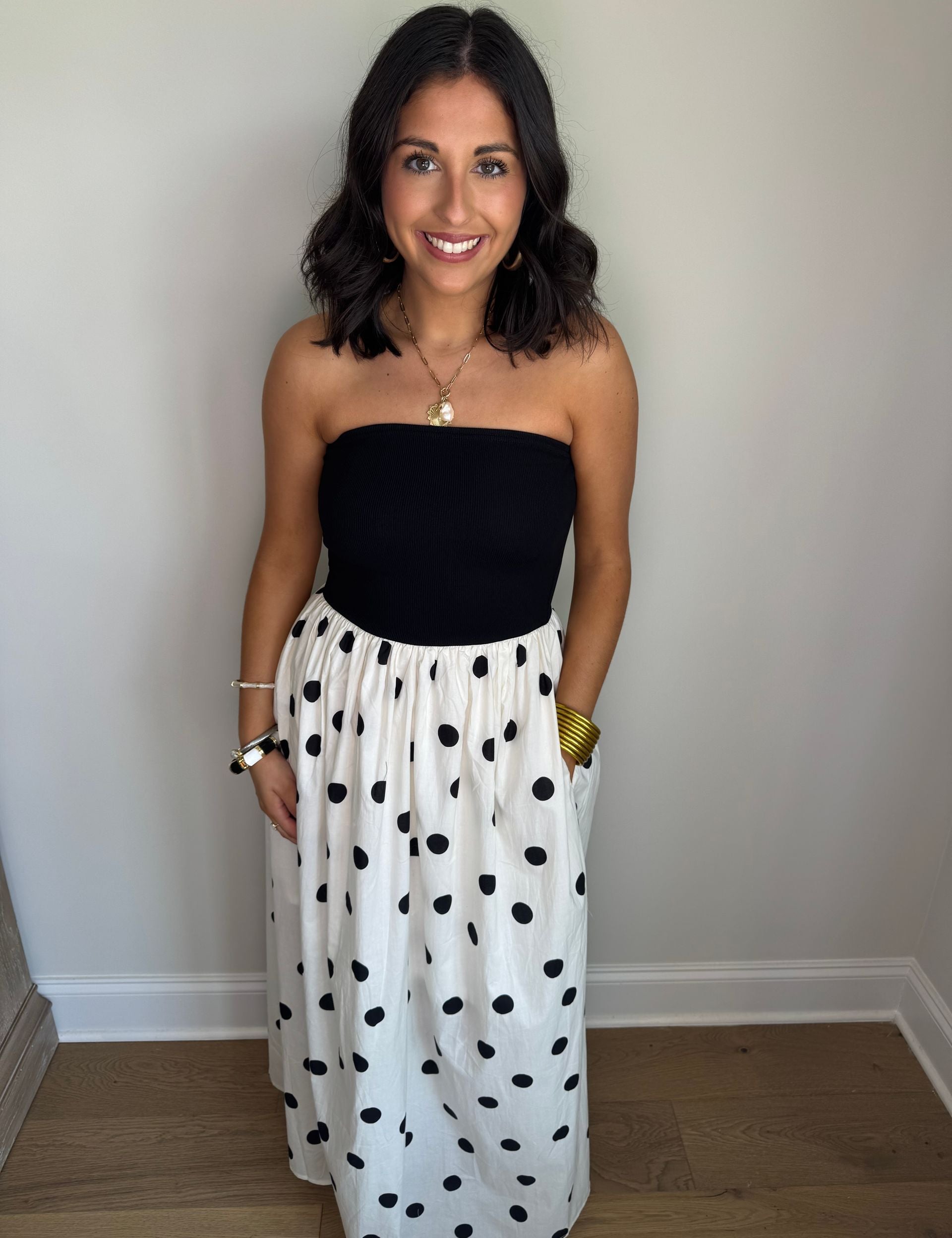 White Strapless Polka Dot Midi Dress