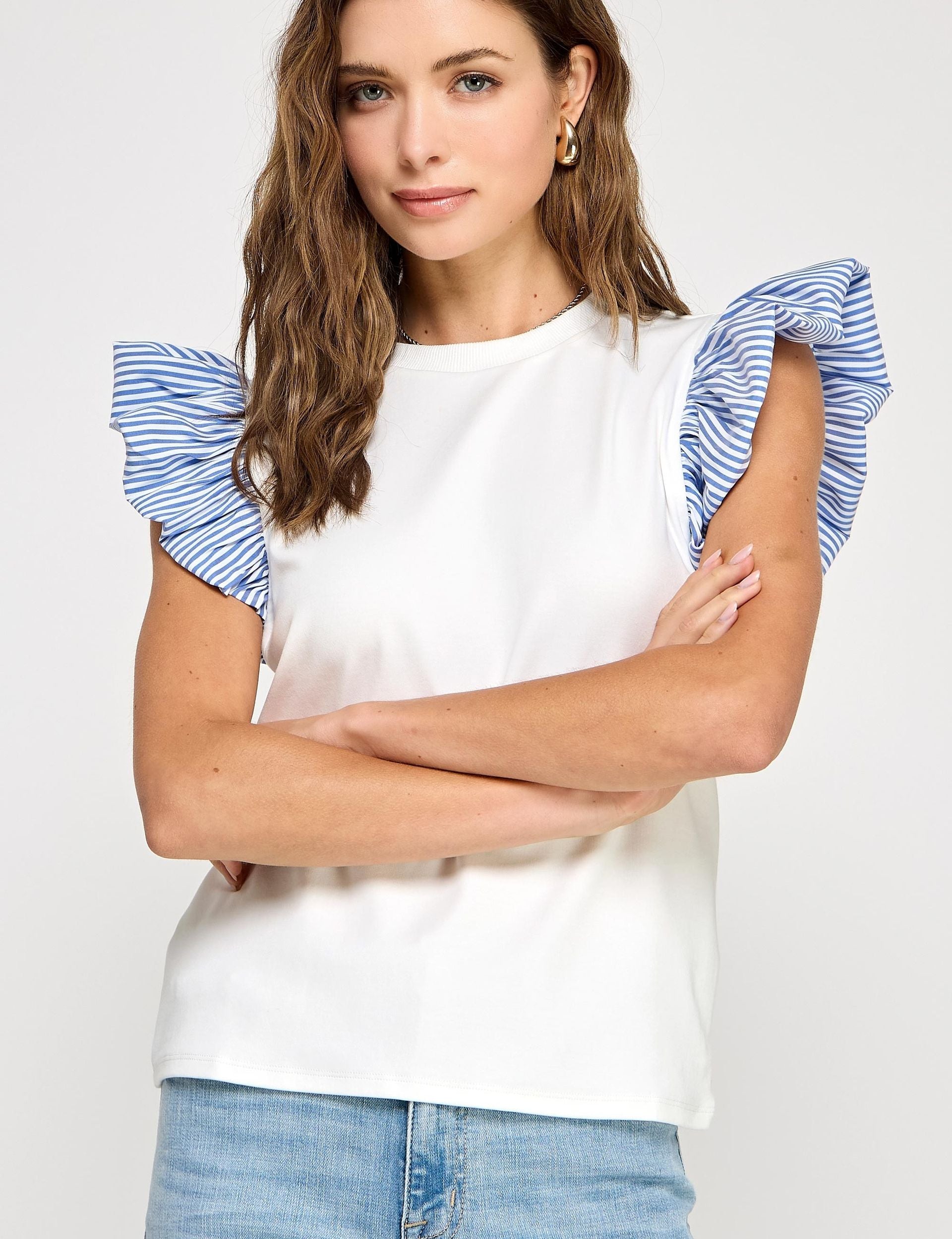 White Blue Stripe Sleeve Knit Top