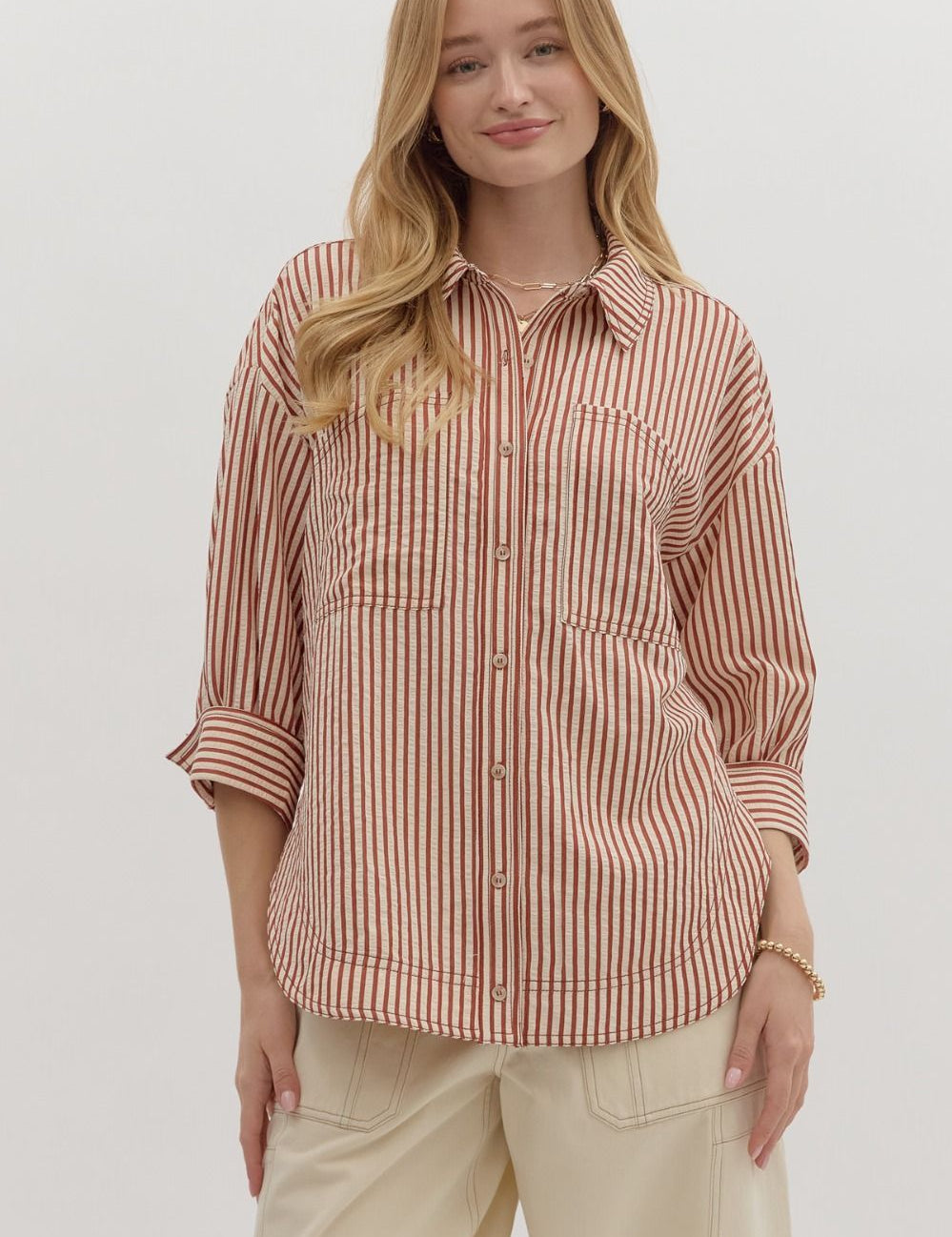 Entro rust striped button down top
