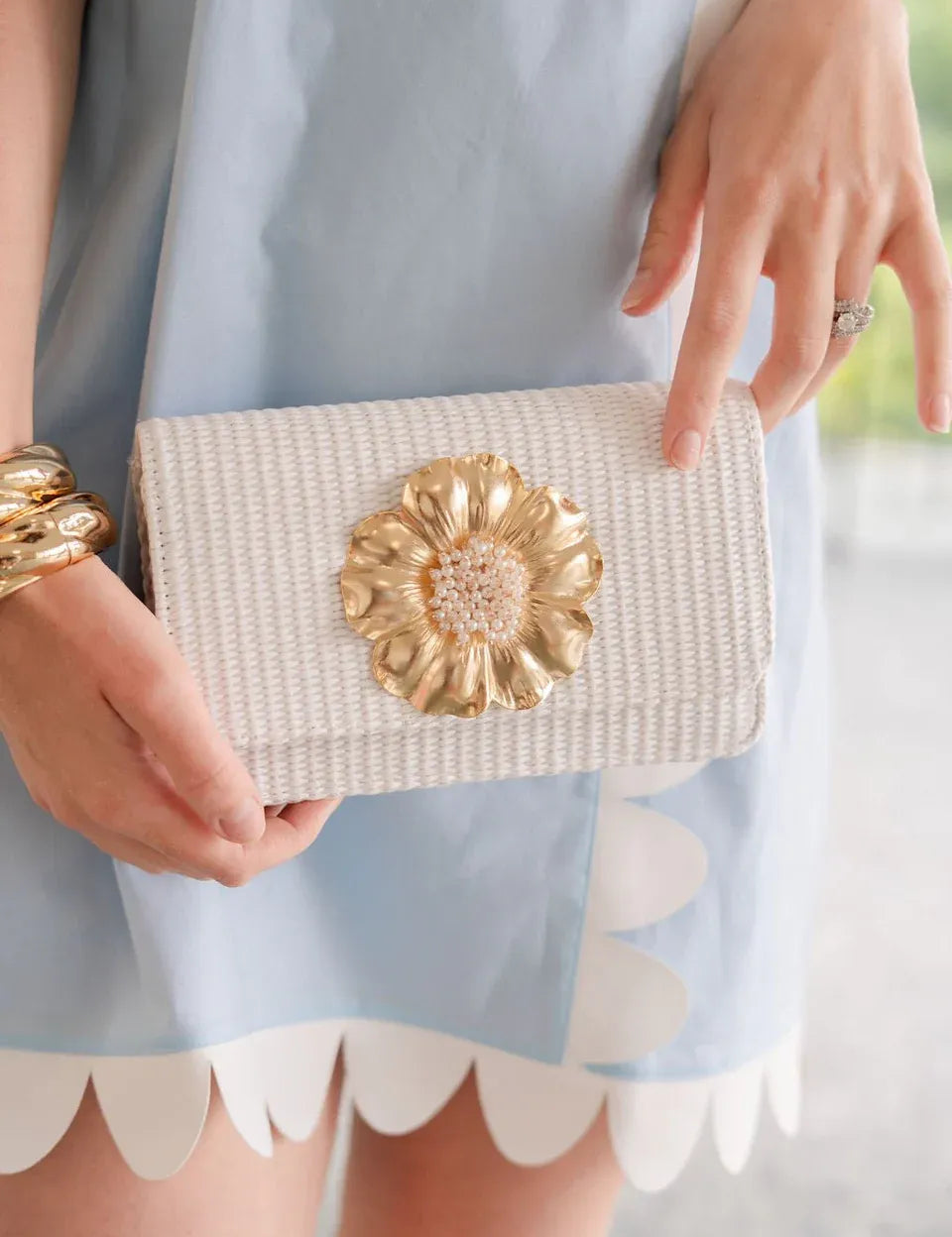 Lisi Lerch - White Raffia Ruby Clutch with Poppy Pearl Pouf