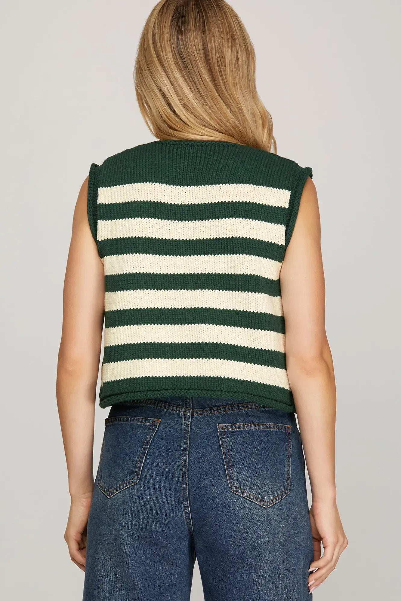 Green Striped Sleeveless Sweater Vest