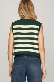 Green Striped Sleeveless Sweater Vest