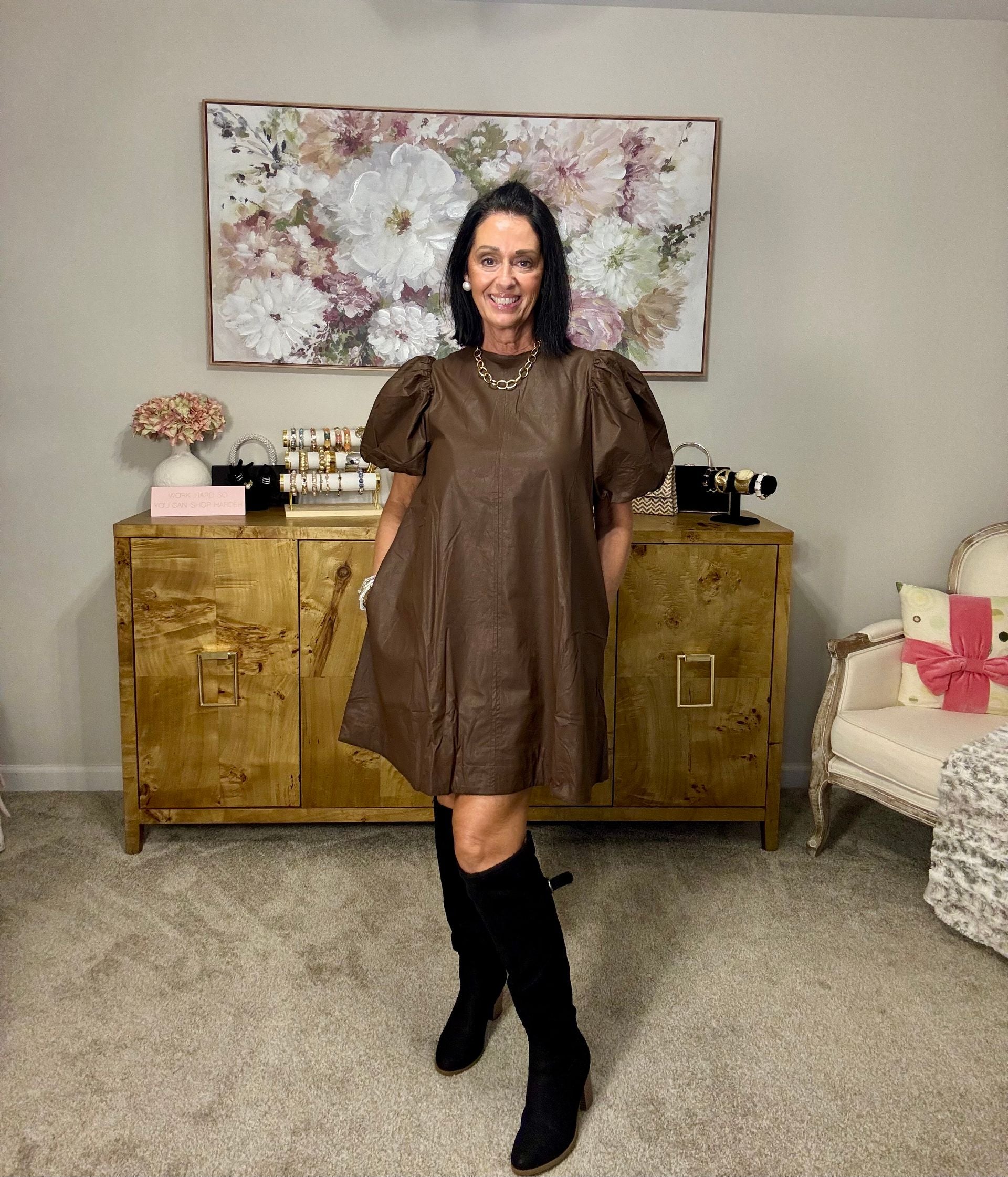Chocolate Brown Leather Like Dress