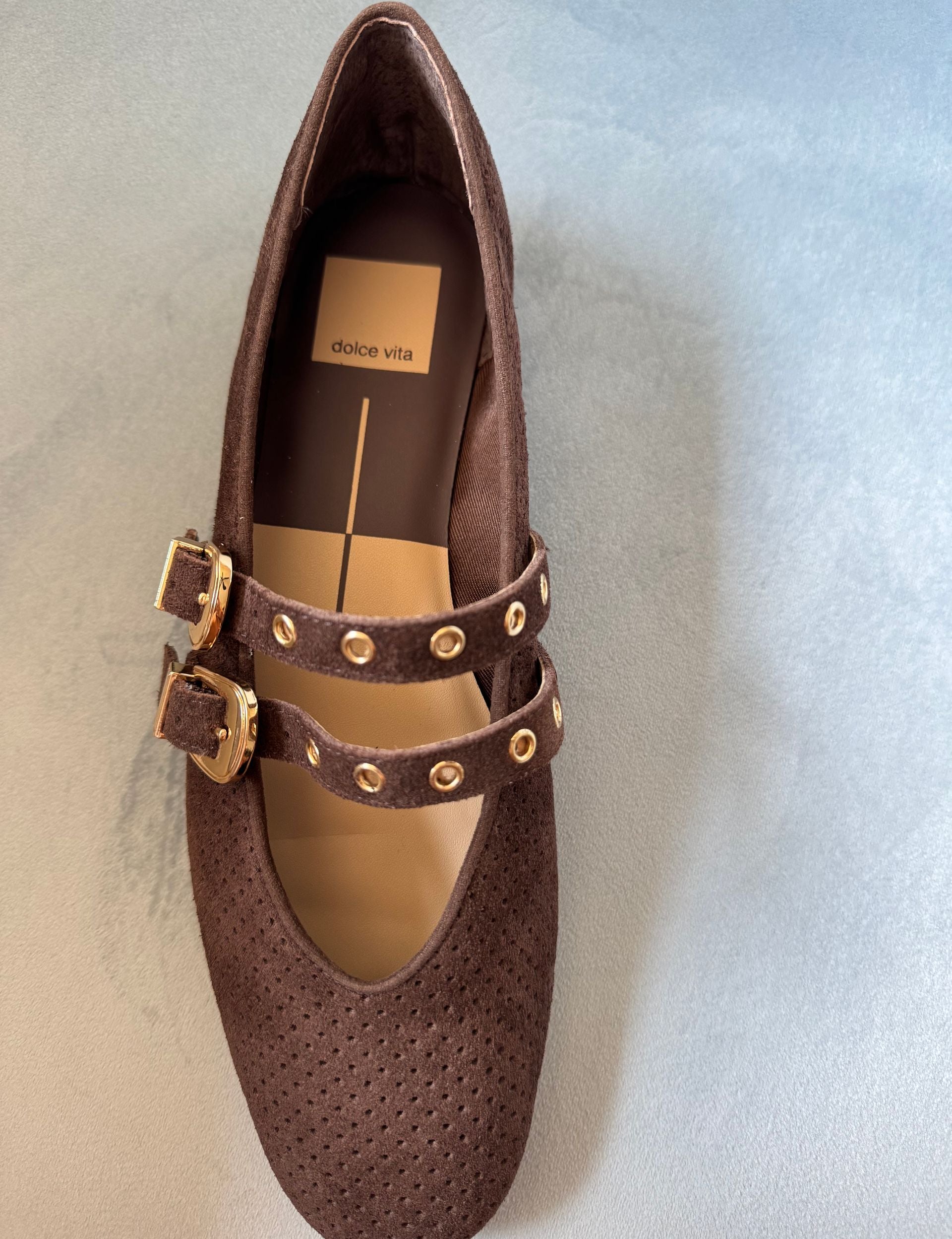 Dolce Vita Baylee Grommet DK Brown Perforated Suede Shoe (flat)