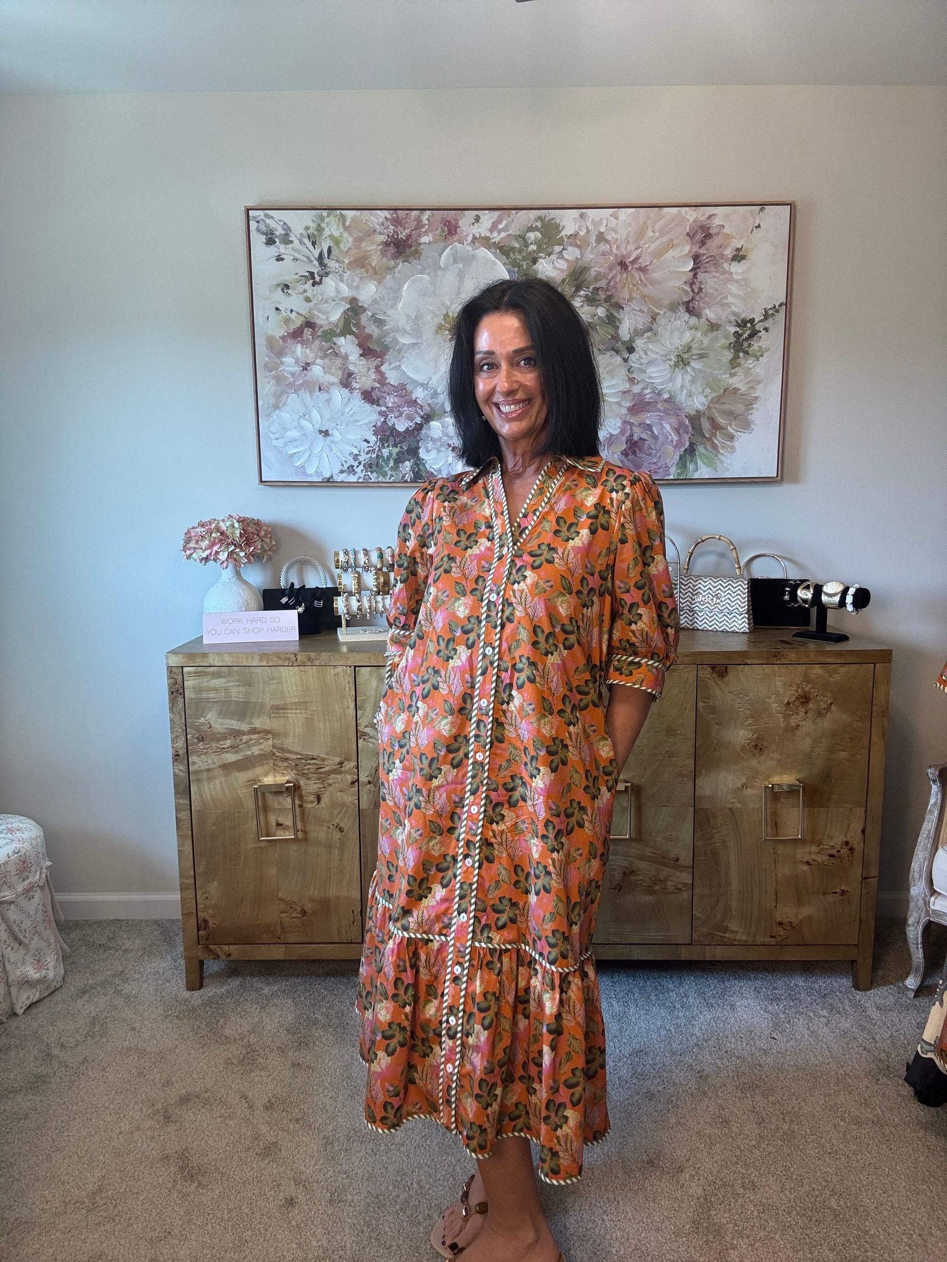THML Puff Sleeve Print Midi Dress