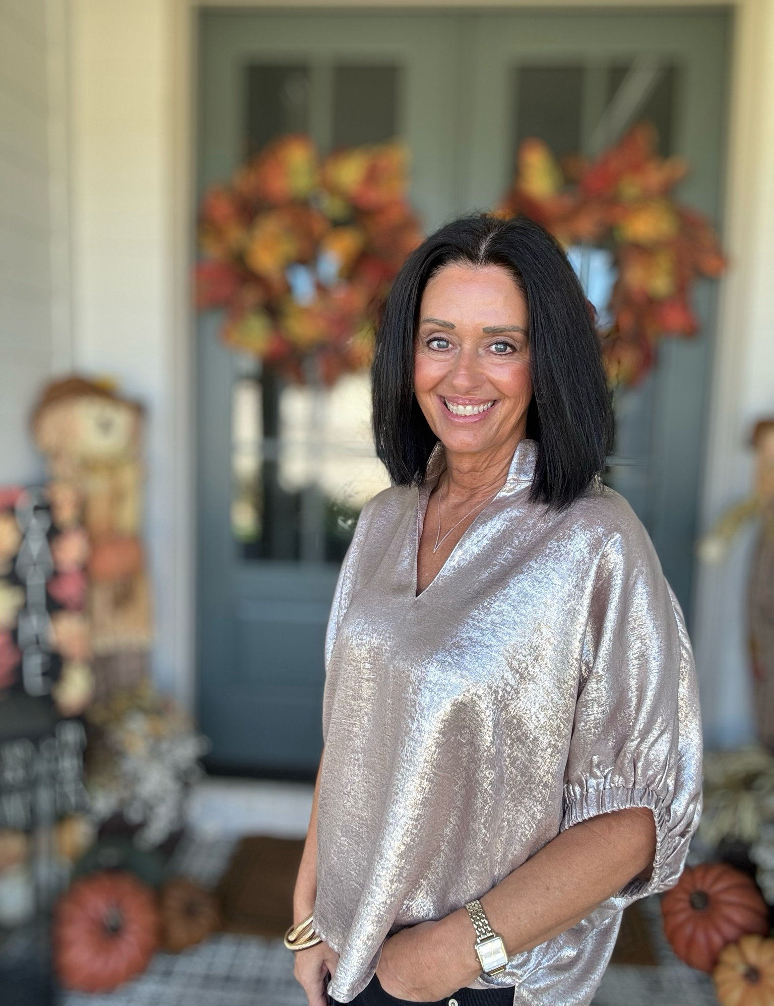Entro Metallic Champagne V-neck Top Also In Plus Sizes