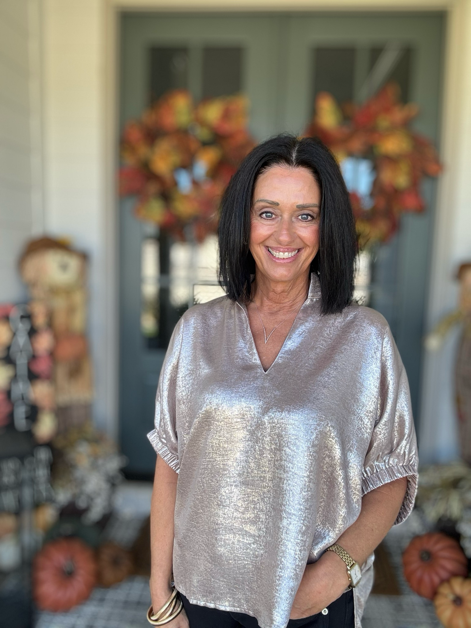 Entro Metallic Champagne V-neck Top Also In Plus Sizes