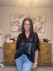 Entro Metallic Black V-neck Top