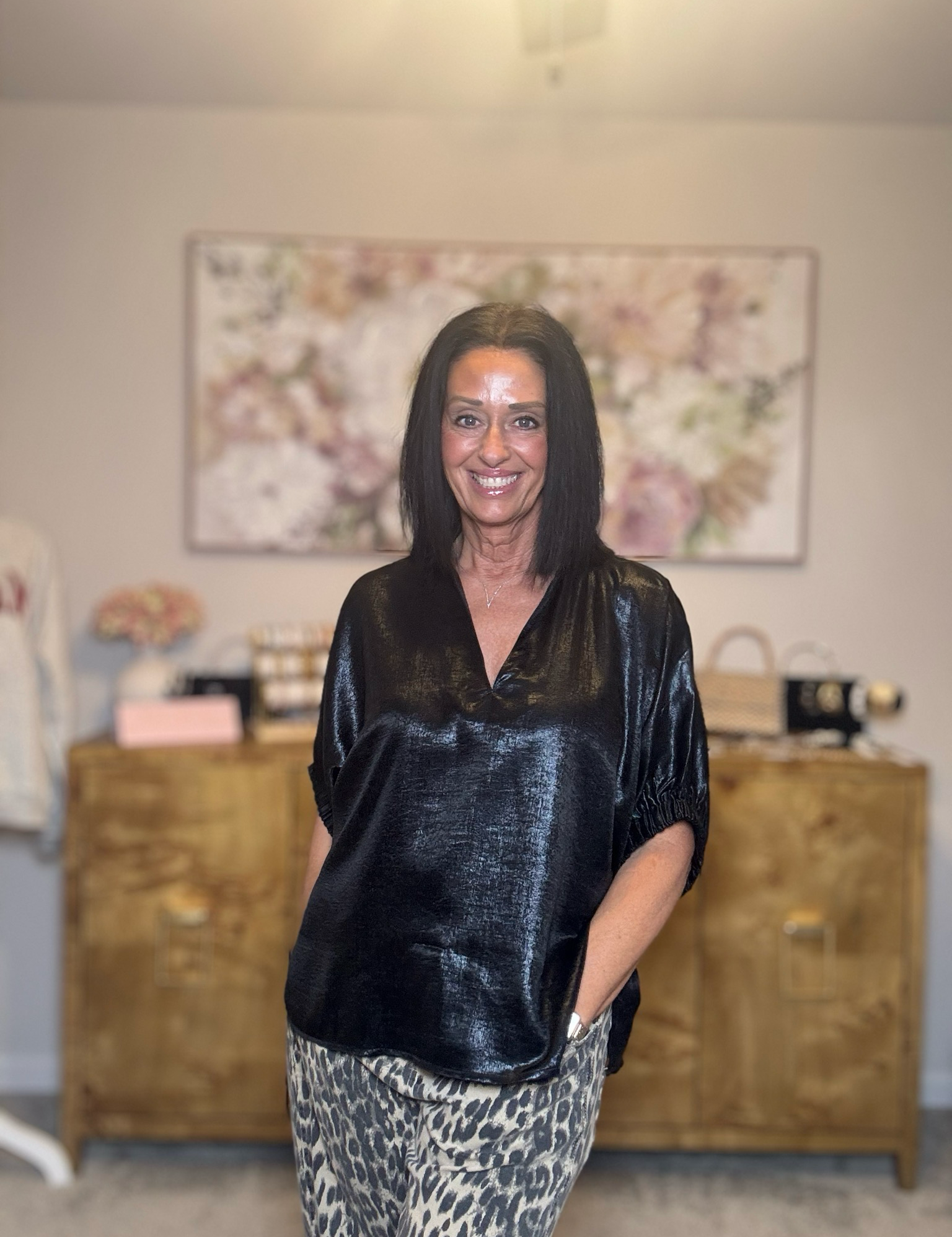Entro Metallic Black V-neck Top