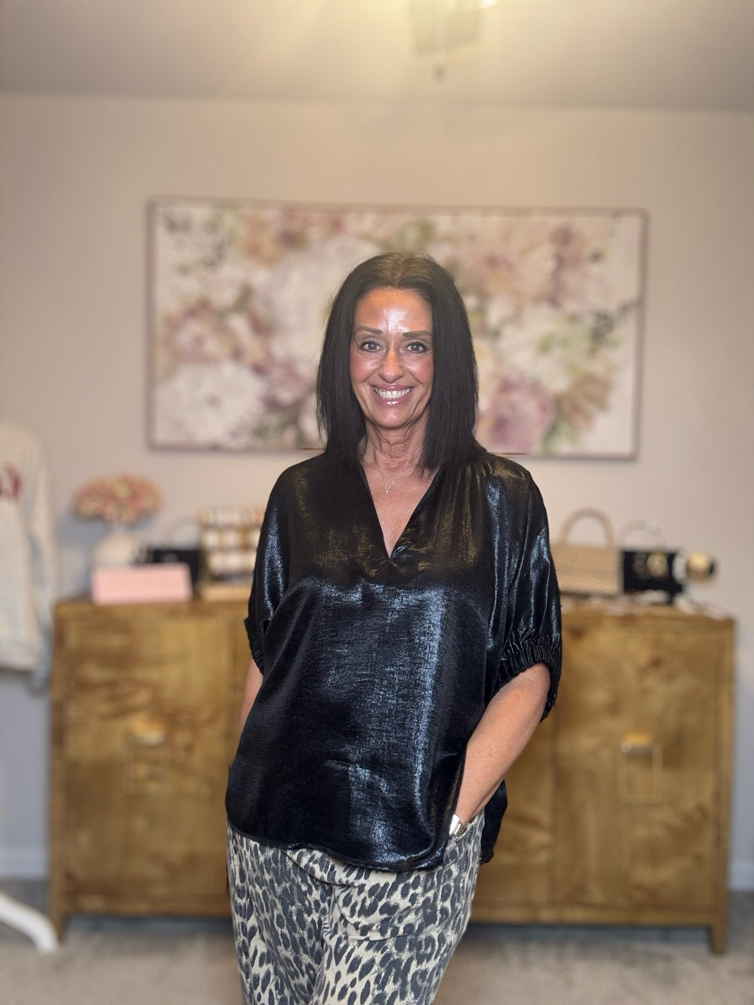 Entro Metallic Black V-neck Top