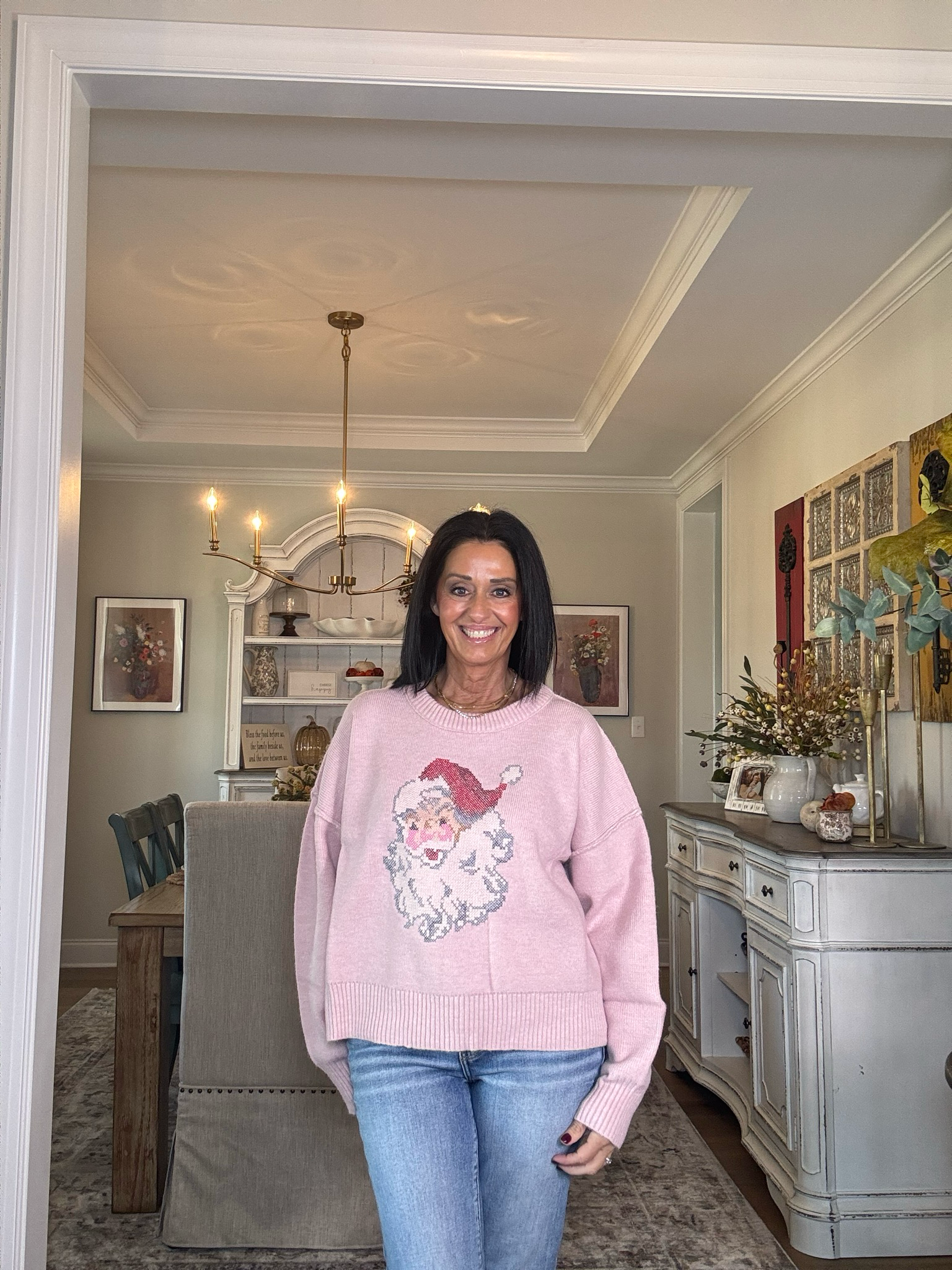 Pink X-stitch Embroidery Detailed Santa Sweater