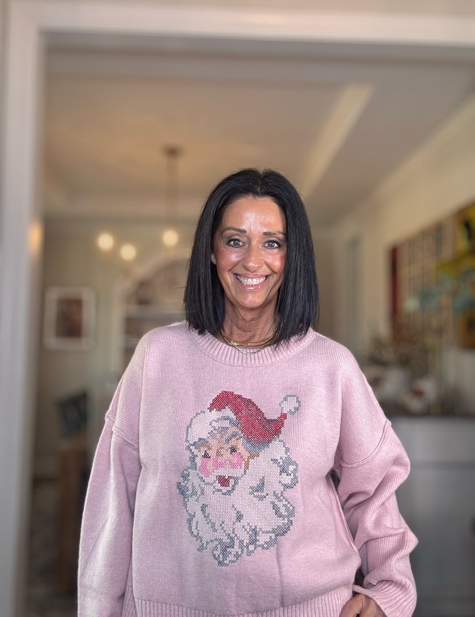 Pink X-stitch Embroidery Detailed Santa Sweater