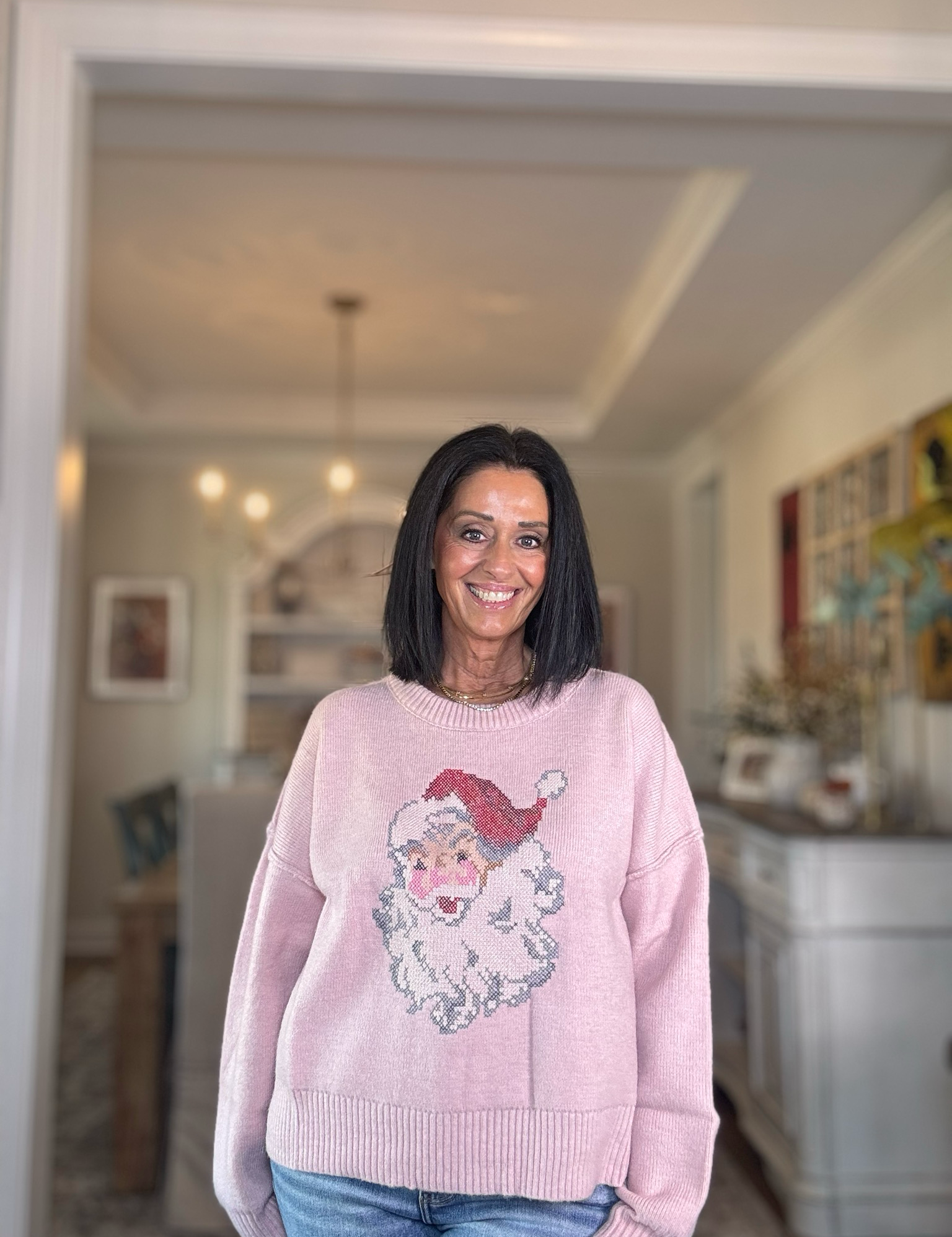 Pink X-stitch Embroidery Detailed Santa Sweater