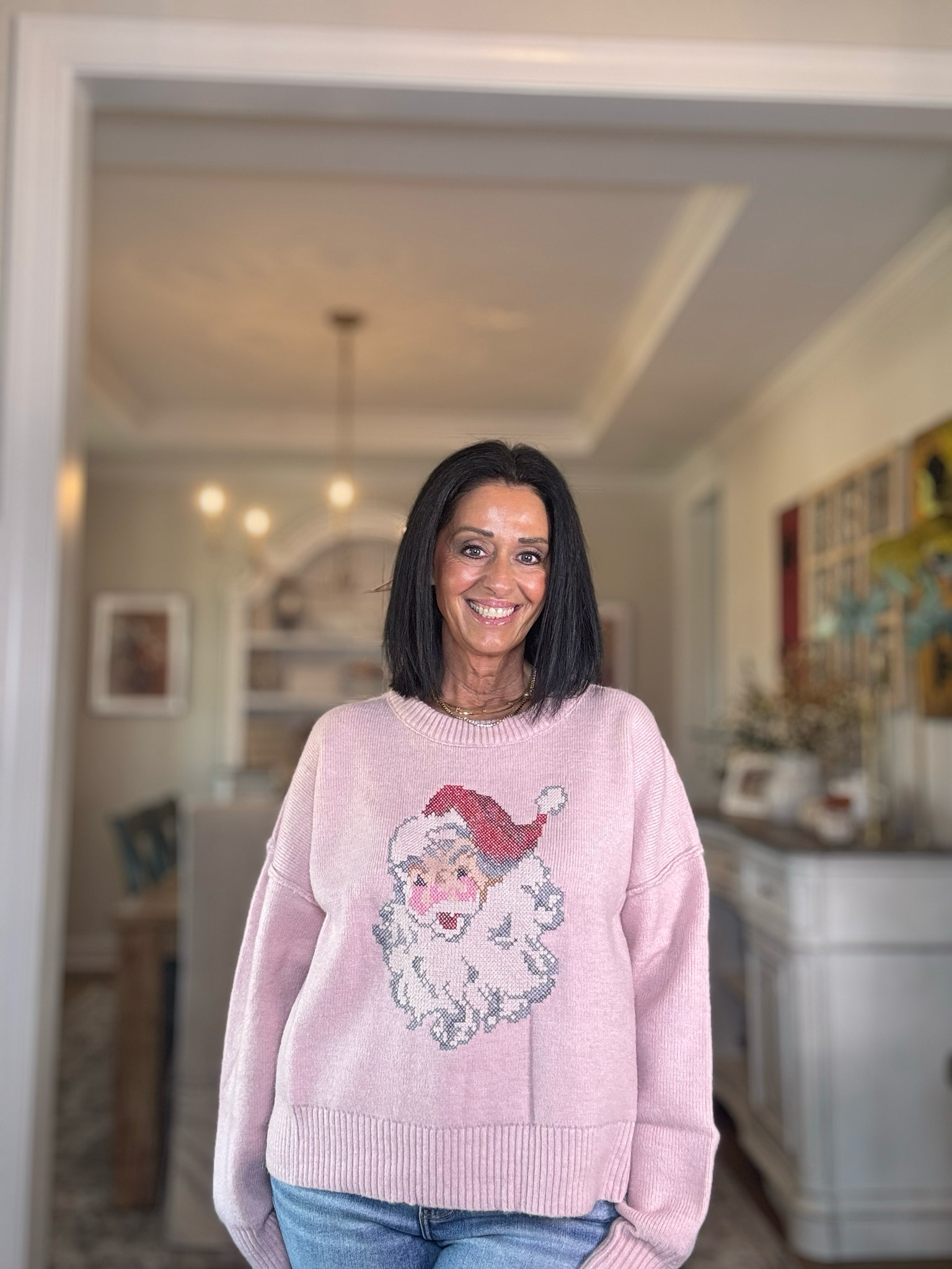 Pink X-stitch Embroidery Detailed Santa Sweater