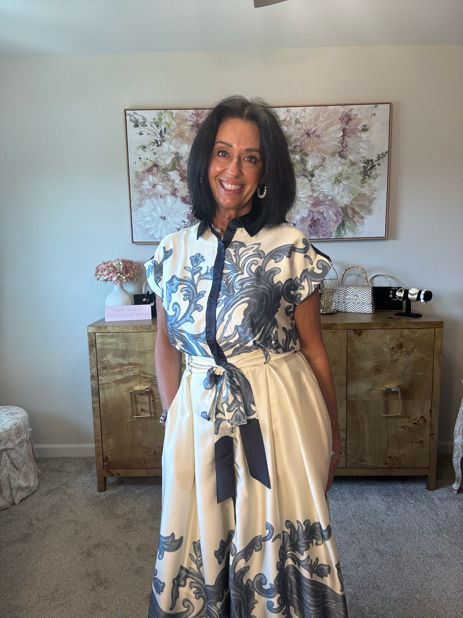 Elegance Ivory/navy Satin Scroll Midi Dress