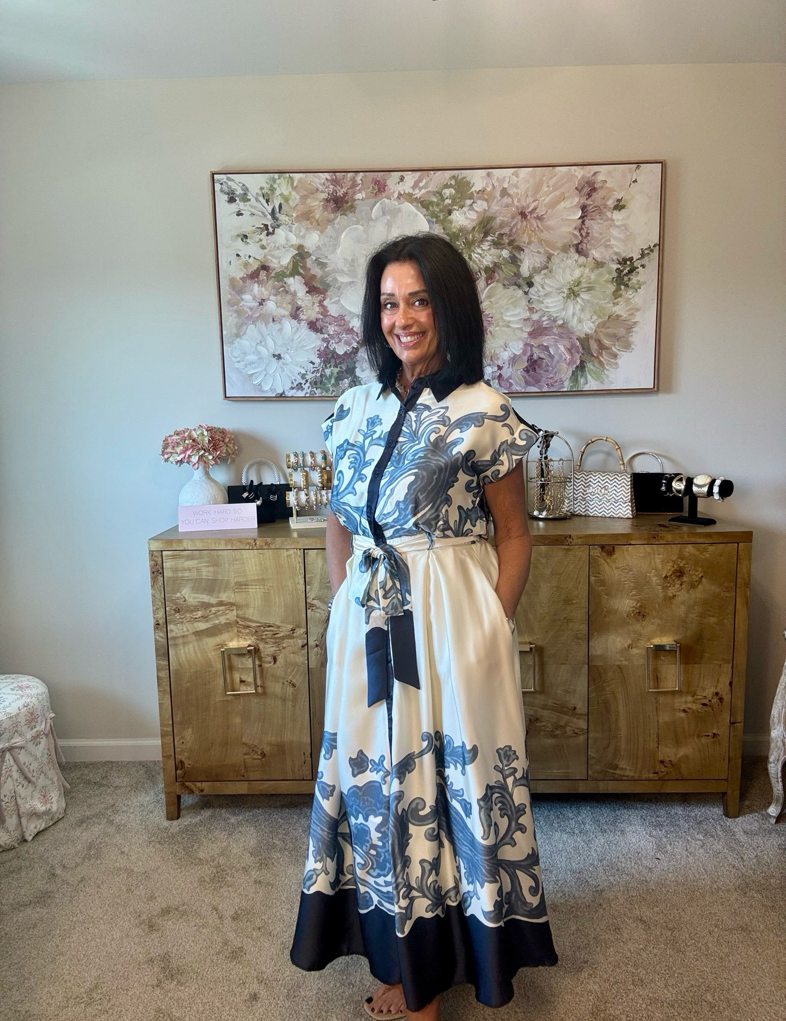 navy Satin Scroll Midi Dress