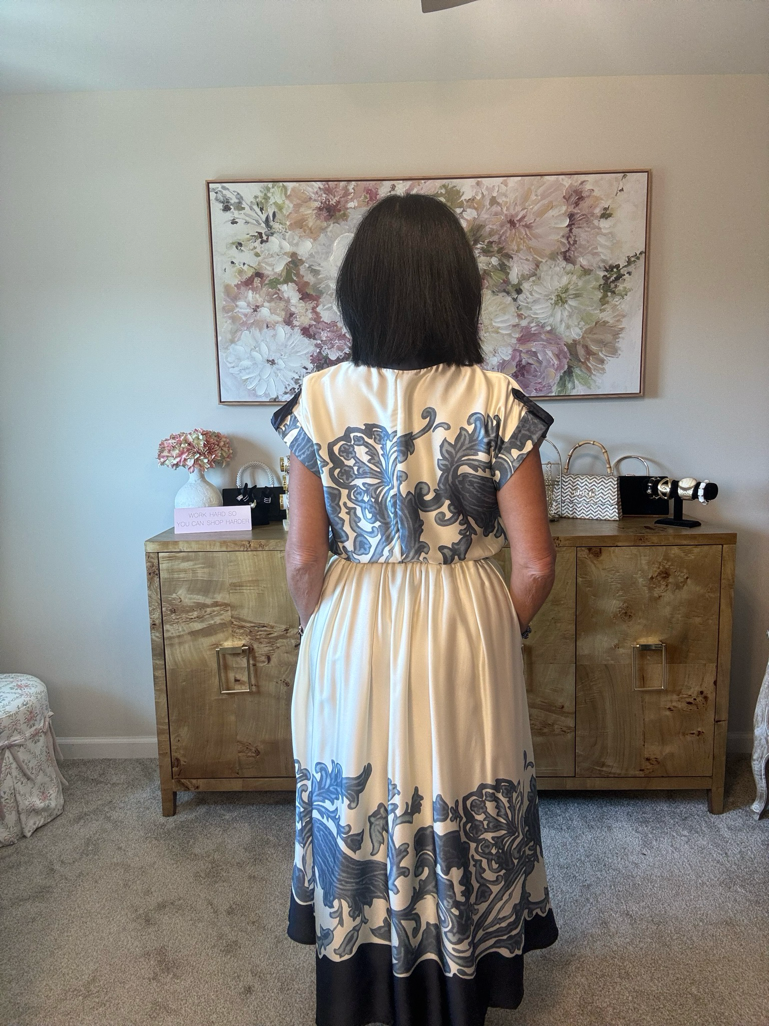 Elegance Ivory/navy Satin Scroll Midi Dress