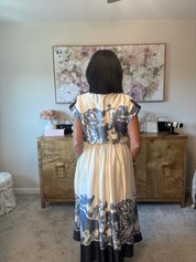 Elegance Ivory/navy Satin Scroll Midi Dress