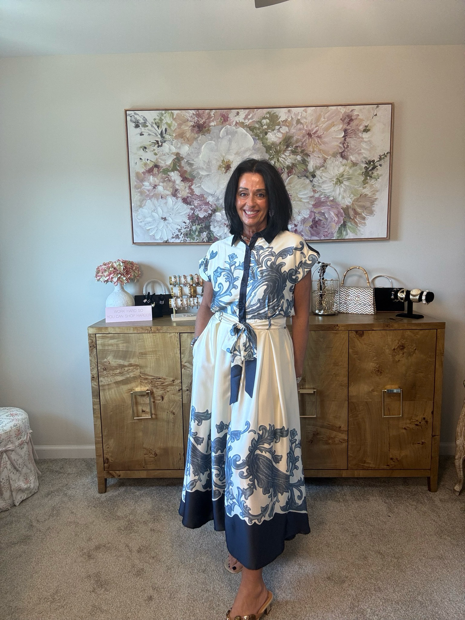 Elegance Ivory/navy Satin Scroll Midi Dress