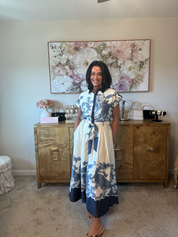 Elegance Ivory/navy Satin Scroll Midi Dress