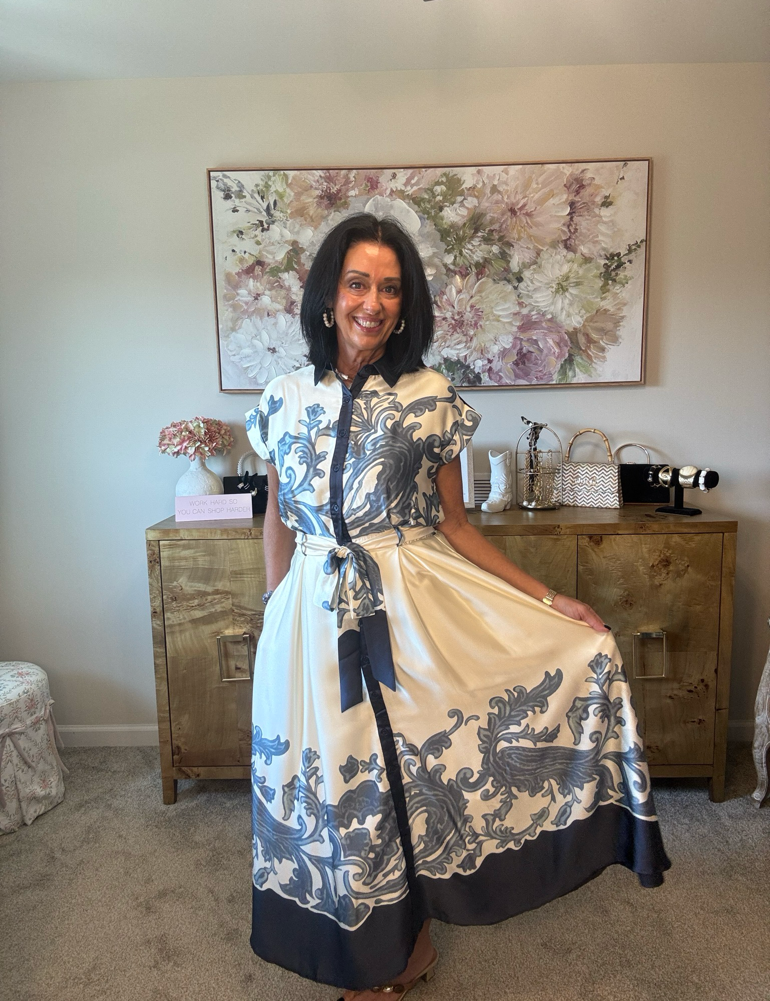 navy Satin Scroll Midi Dress
