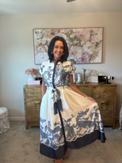 Elegance Ivory/navy Satin Scroll Midi Dress