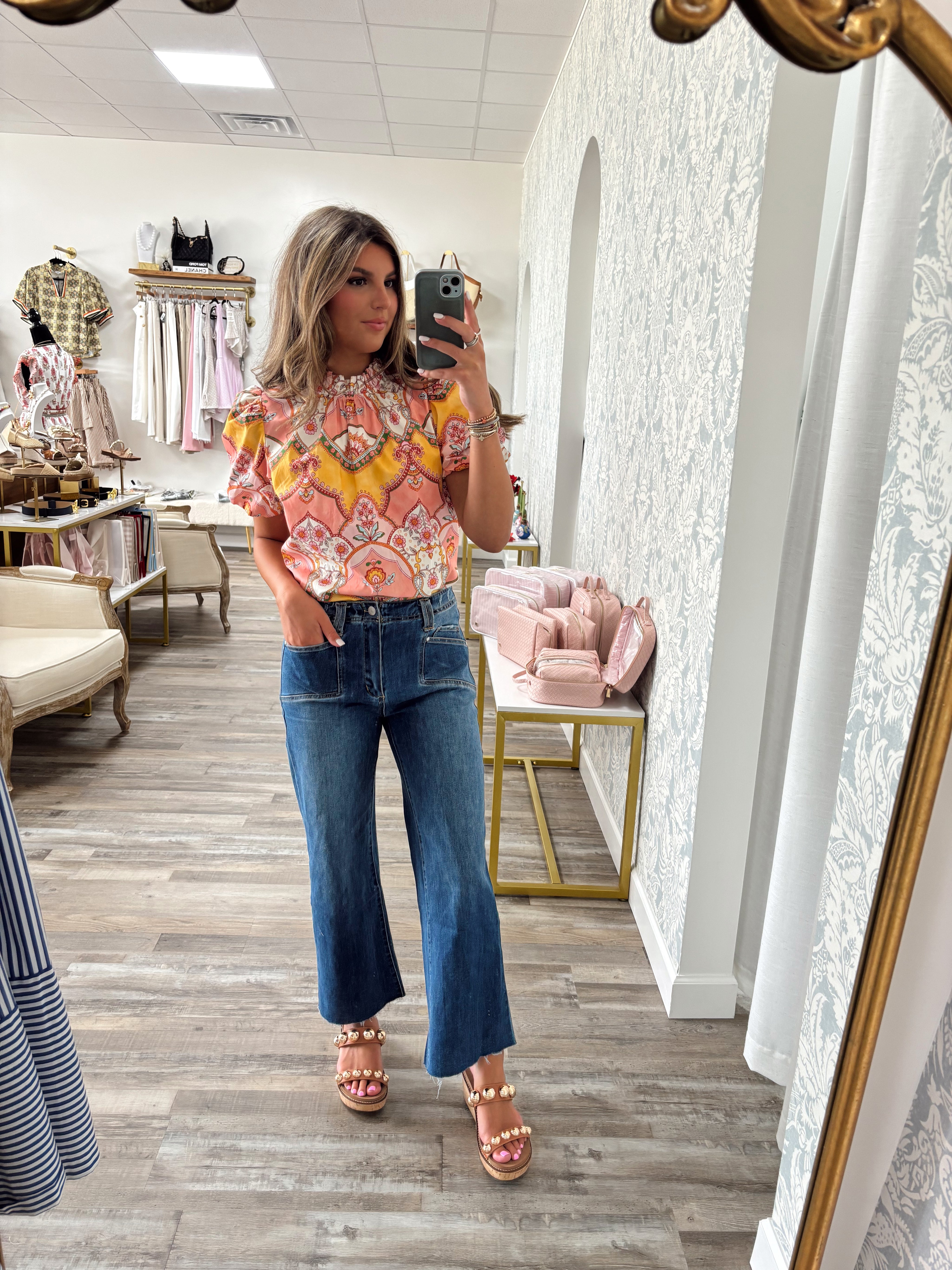 Peach floral ruffled neck top
