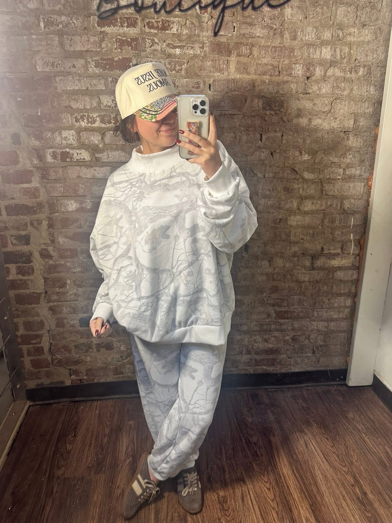 Long Sleeve Oversized Mock Neck Snow Camo Sweatshirt