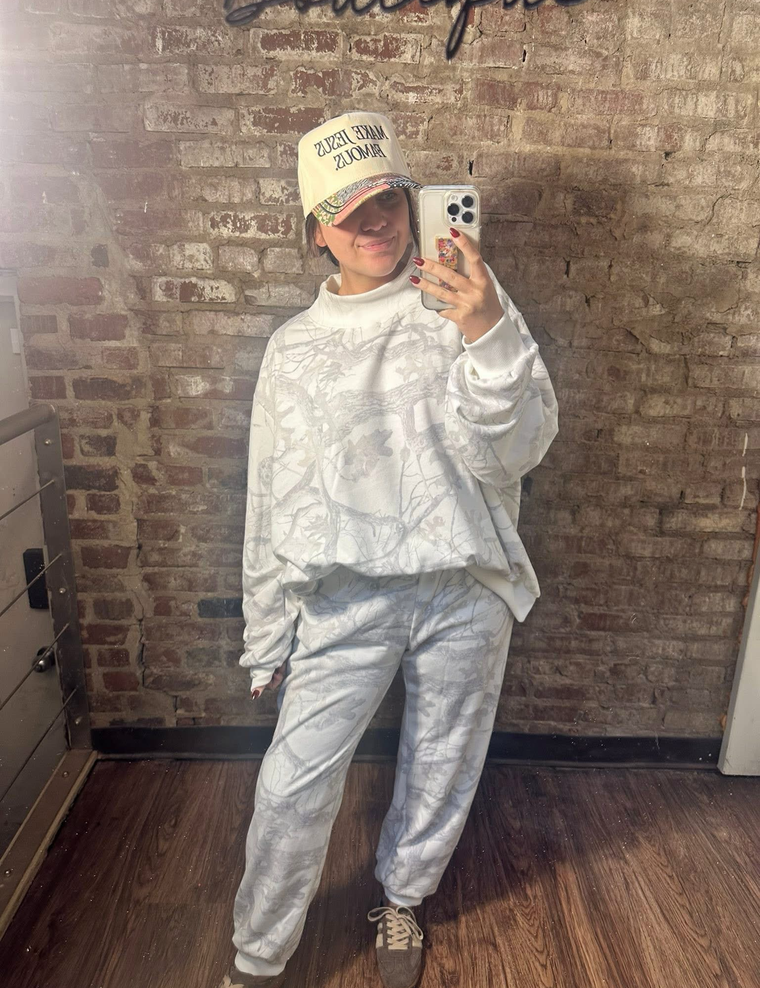 Long Sleeve Oversized Mock Neck Snow Camo Sweatshirt
