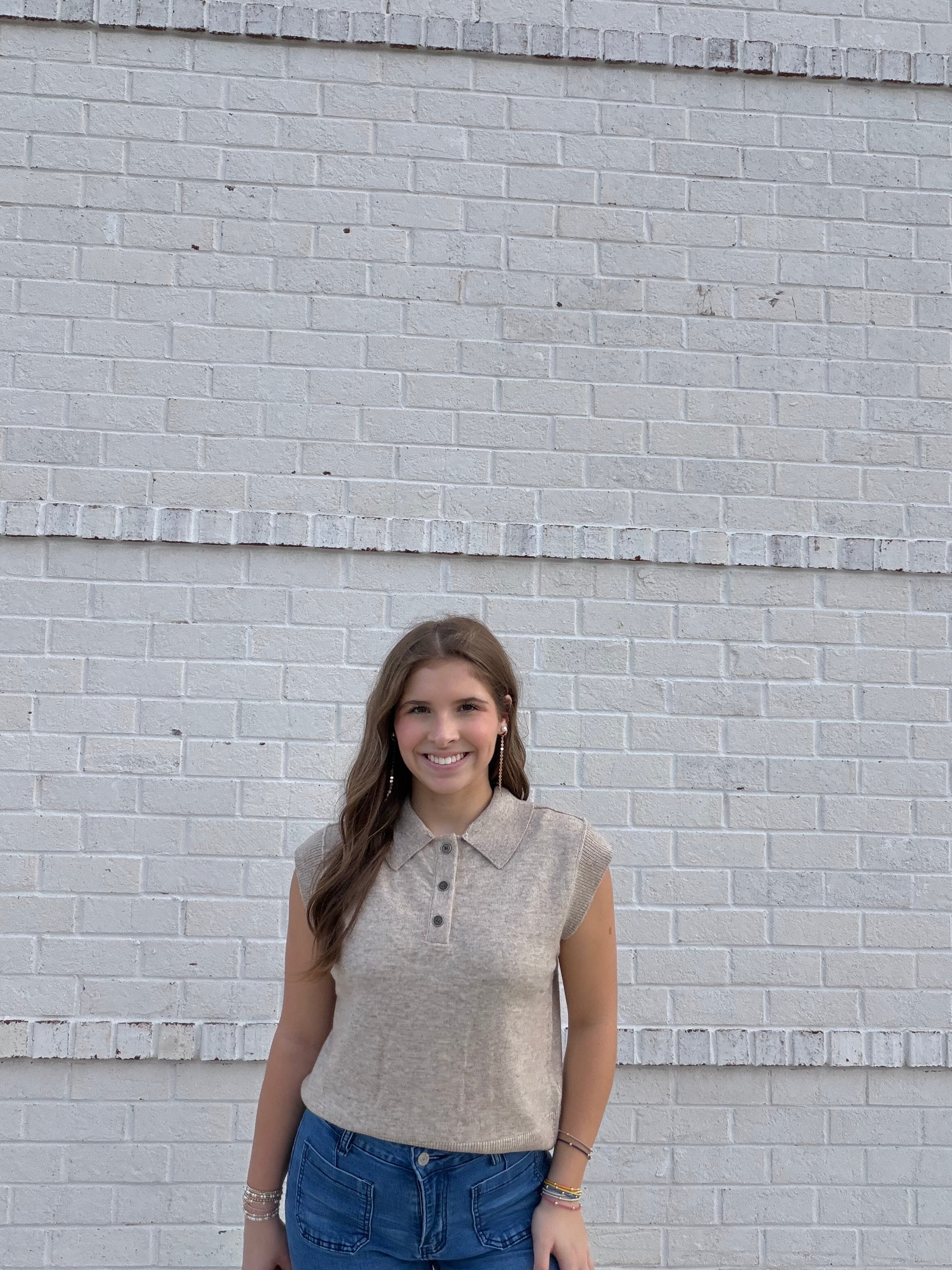 Beige Oat Sleeveless Collard Polo Sweater