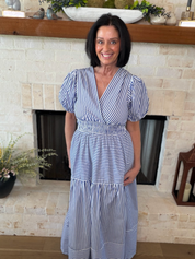 Blue/White Stripe Tiered Maxi Dress
