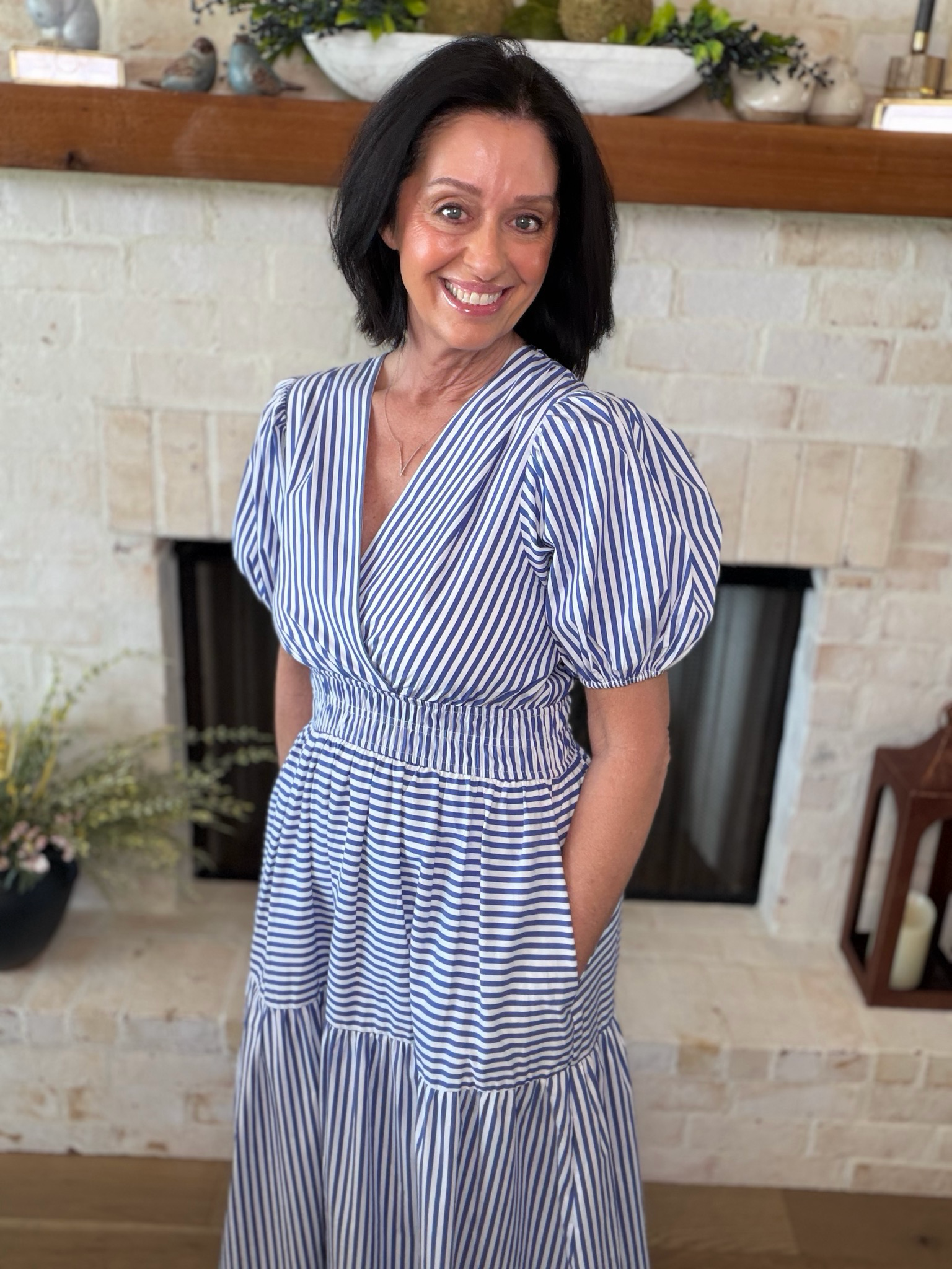 Blue/White Stripe Tiered Maxi Dress