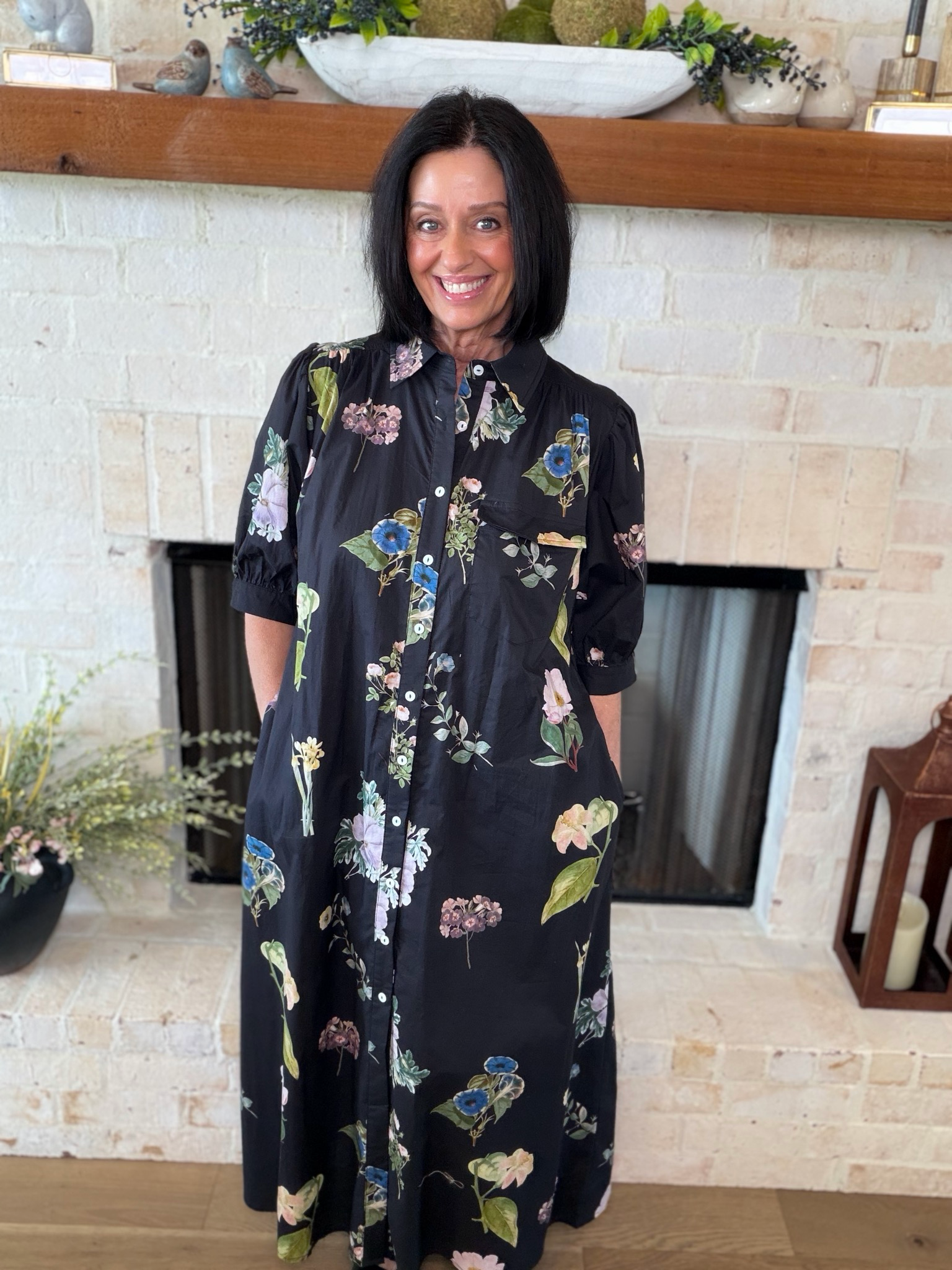 Entro Black Floral Midi Dress With Tie Belt