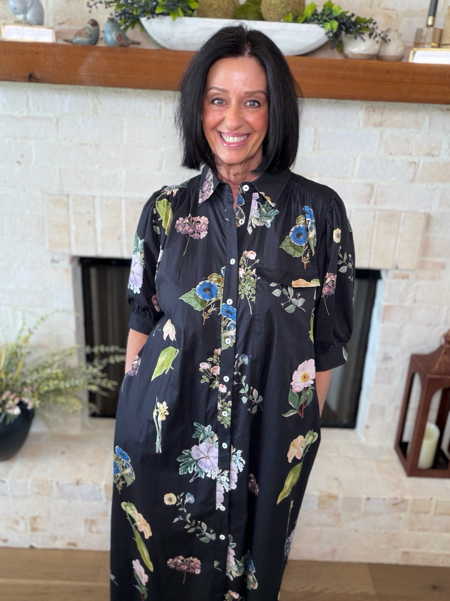Entro Black Floral Midi Dress With Tie Belt