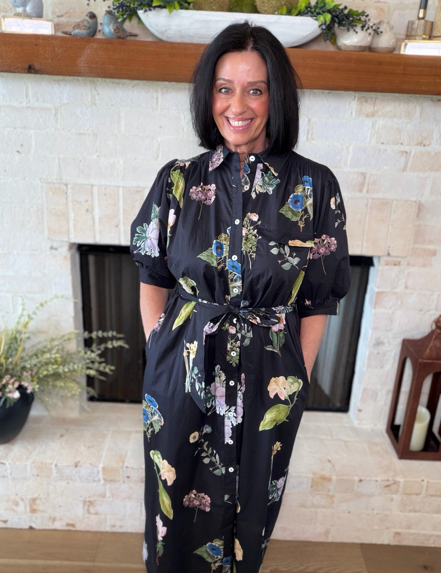 Entro Black Floral Midi Dress With Tie Belt