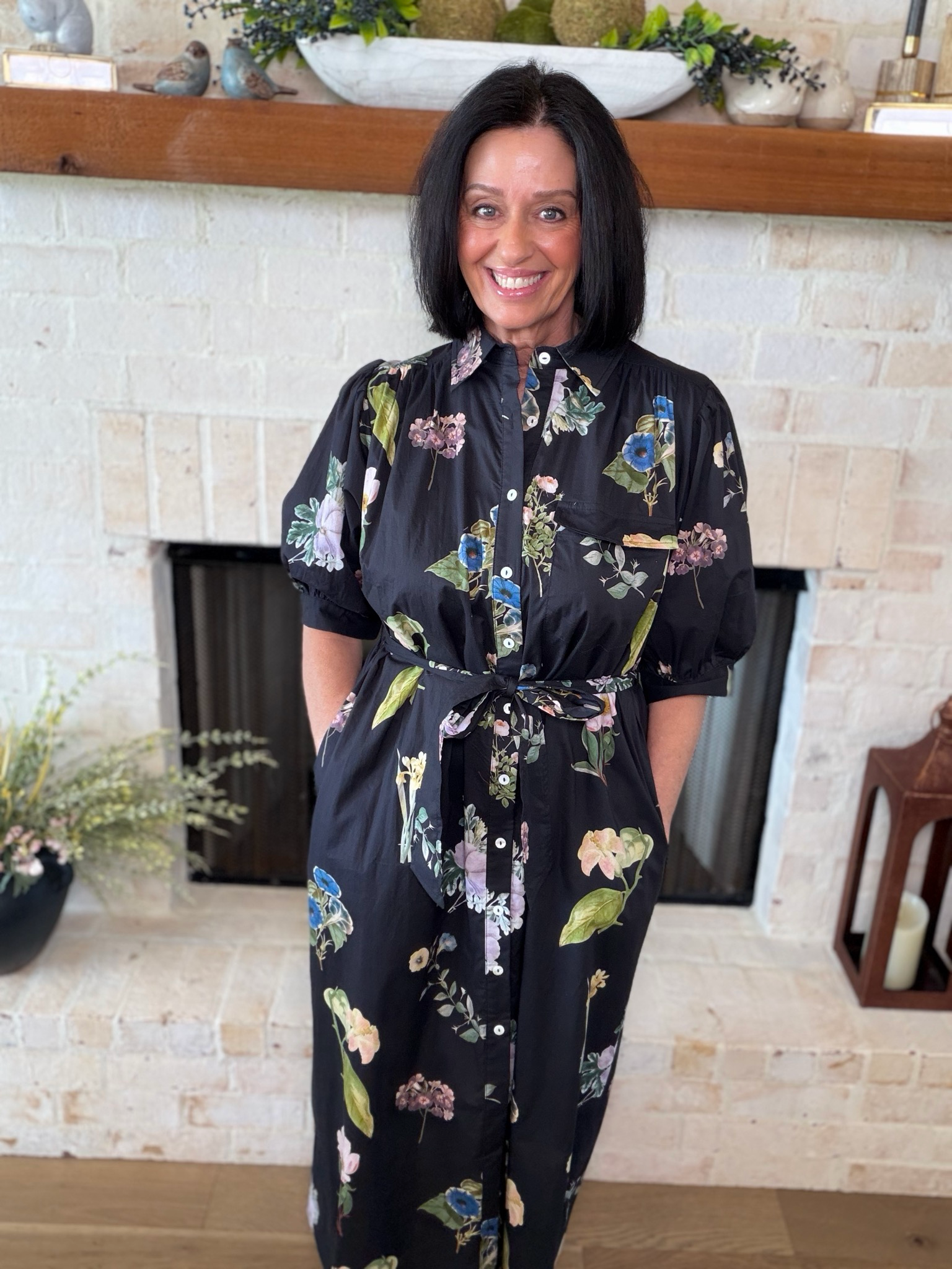 Entro Black Floral Midi Dress With Tie Belt