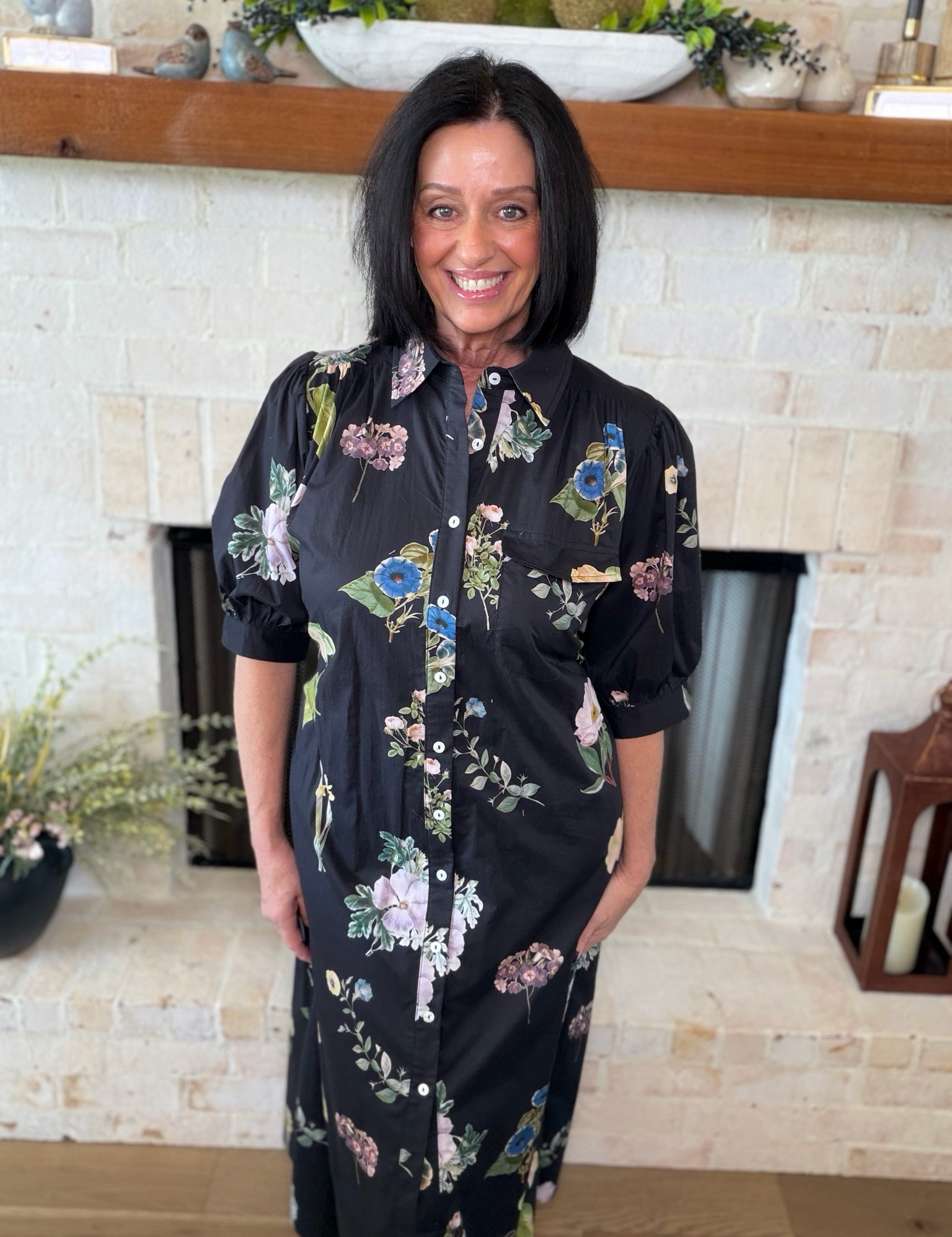 Entro Black Floral Midi Dress With Tie Belt