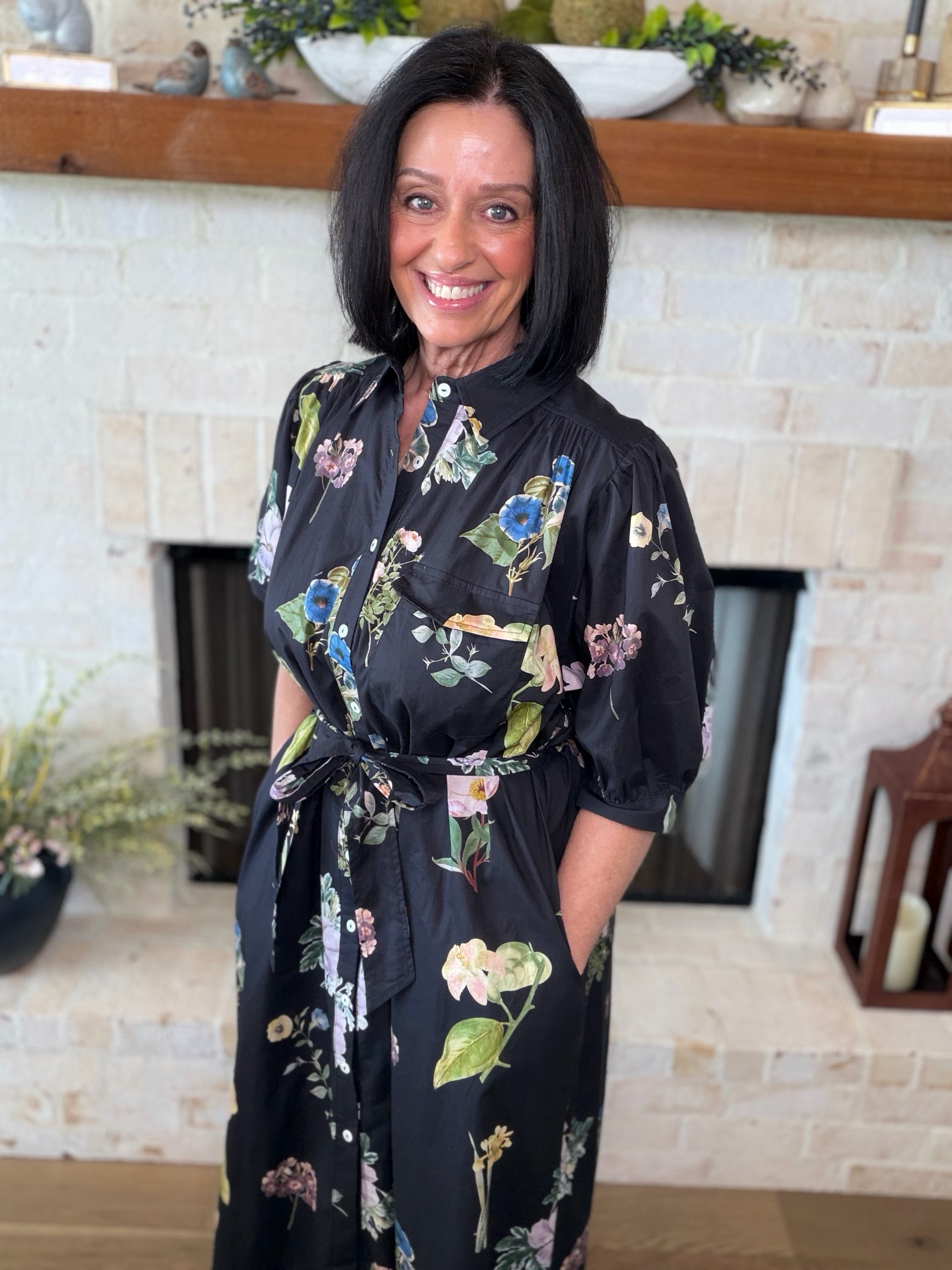 Entro Black Floral Midi Dress With Tie Belt