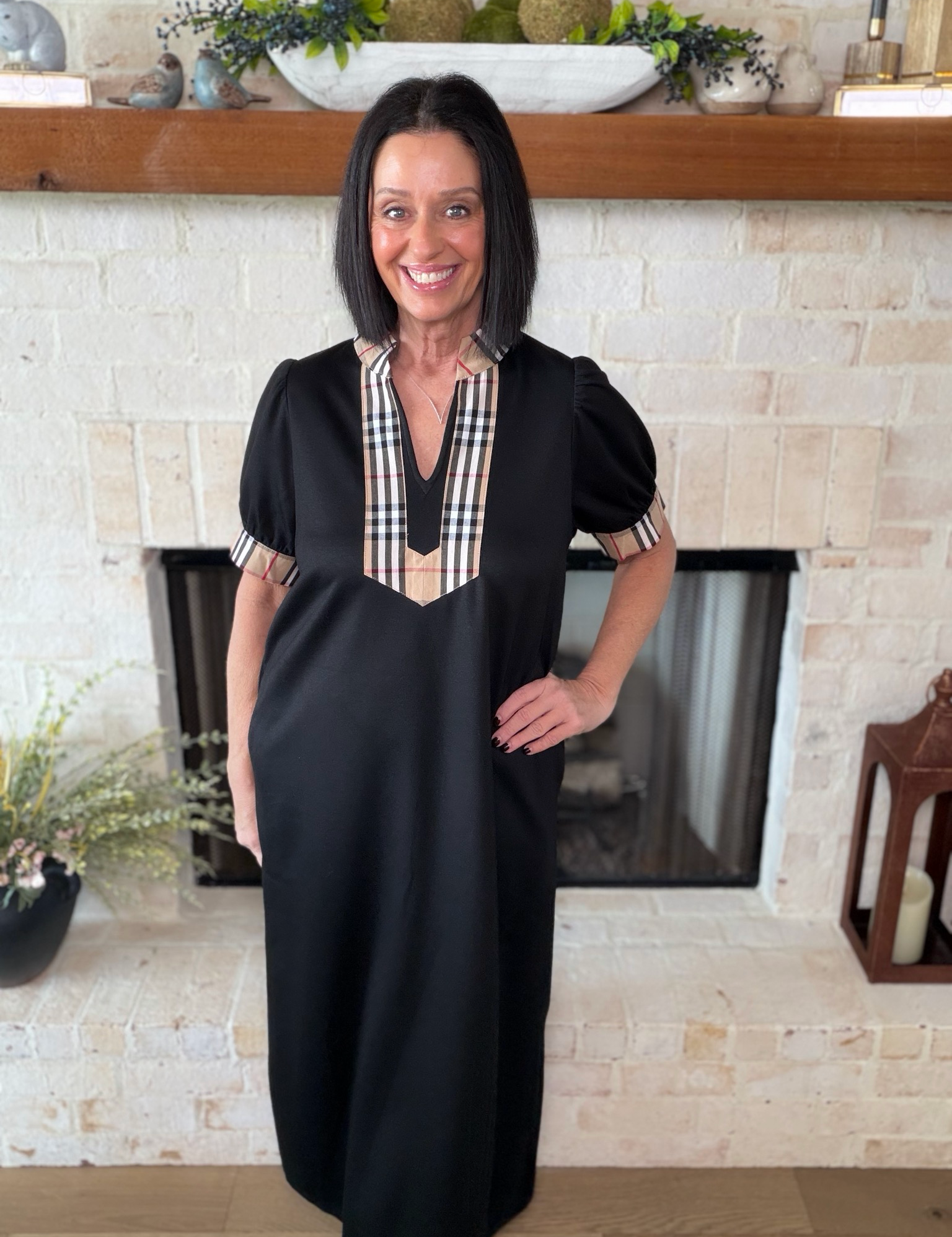 Black Plaid Accents Midi Dress
