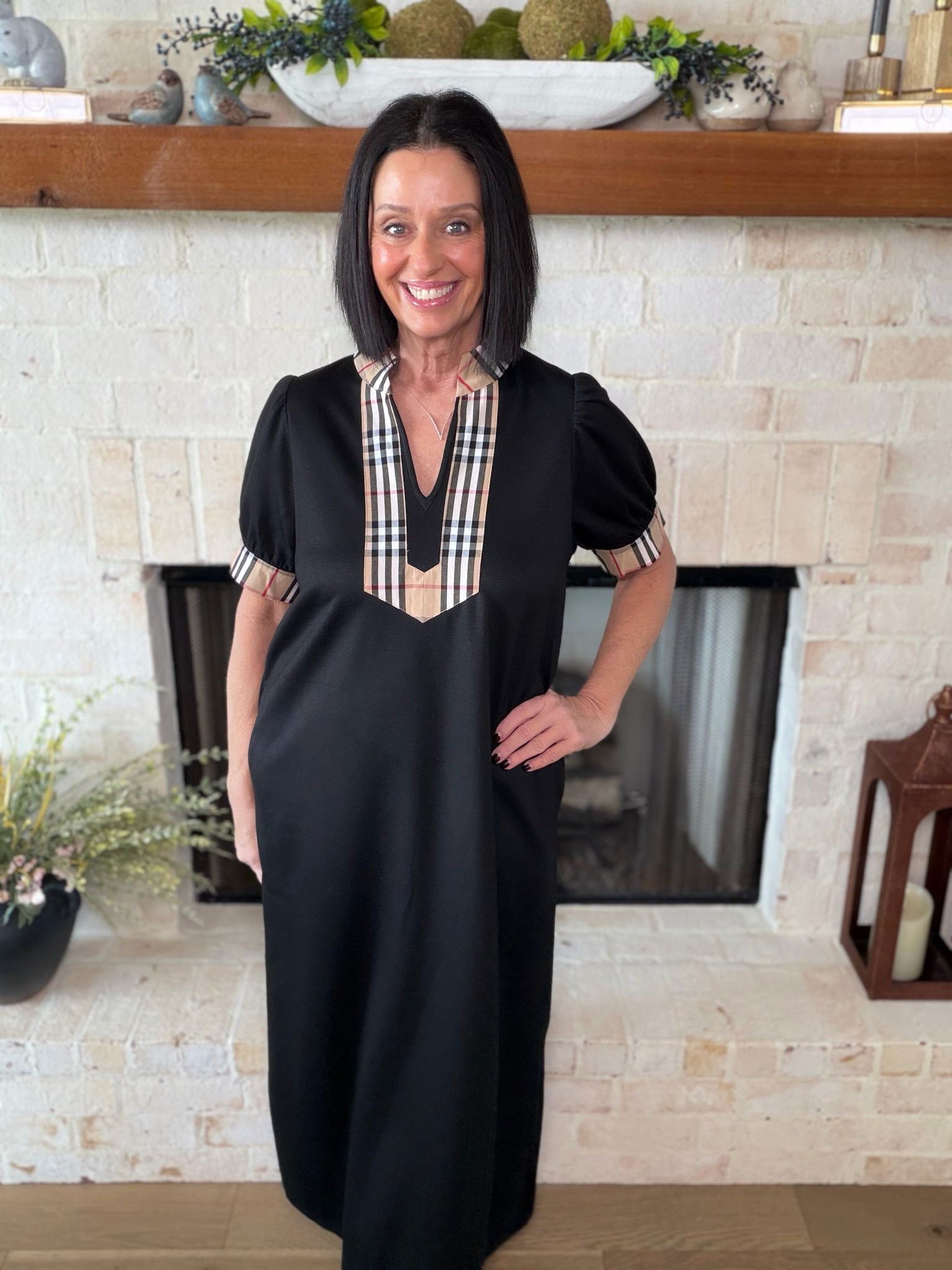 Black Plaid Accents Midi Dress