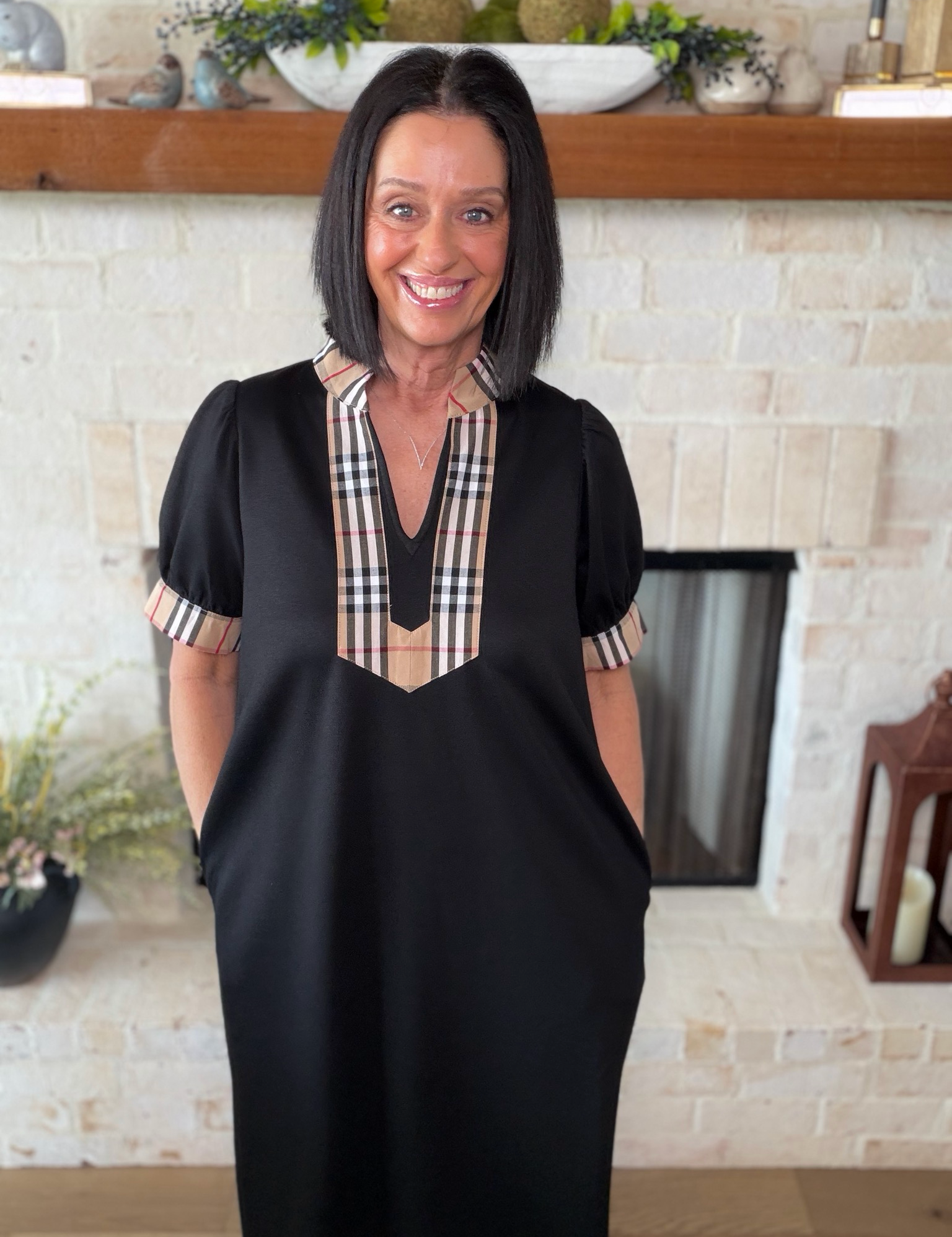Black Plaid Accents Midi Dress