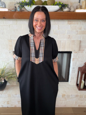 Black Plaid Accents Midi Dress