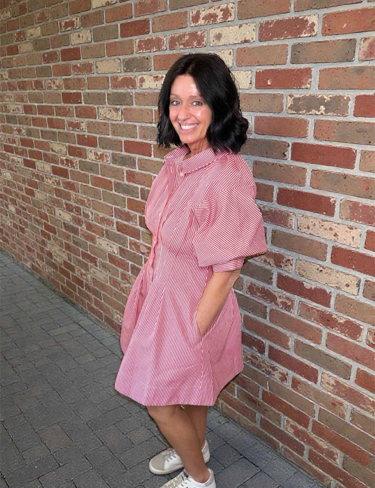 Red Stripe Pleated Waist Mini Dress