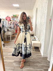 Elegance Ivory/navy Satin Scroll Midi Dress