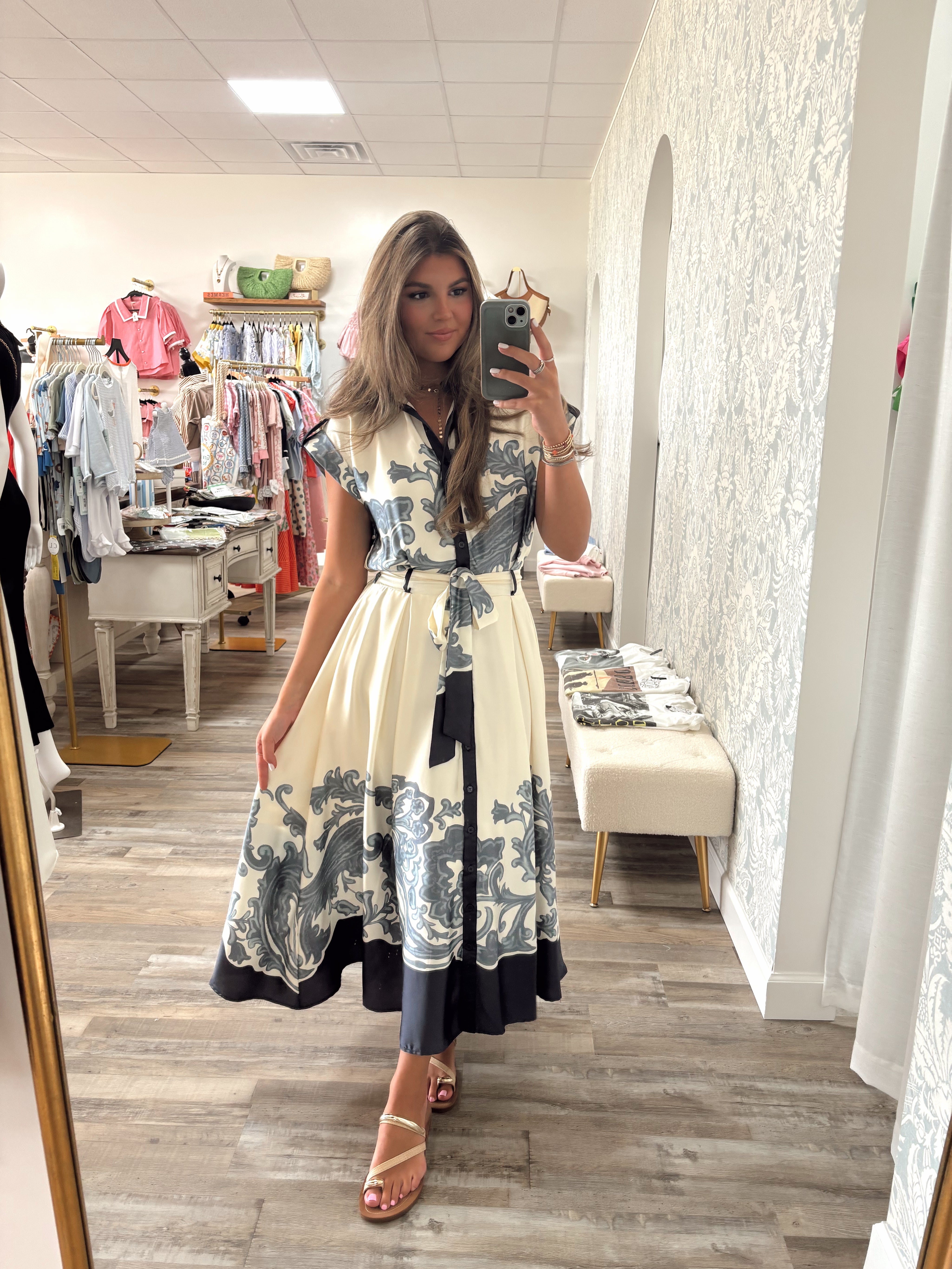 Elegance Ivory/navy Satin Scroll Midi Dress