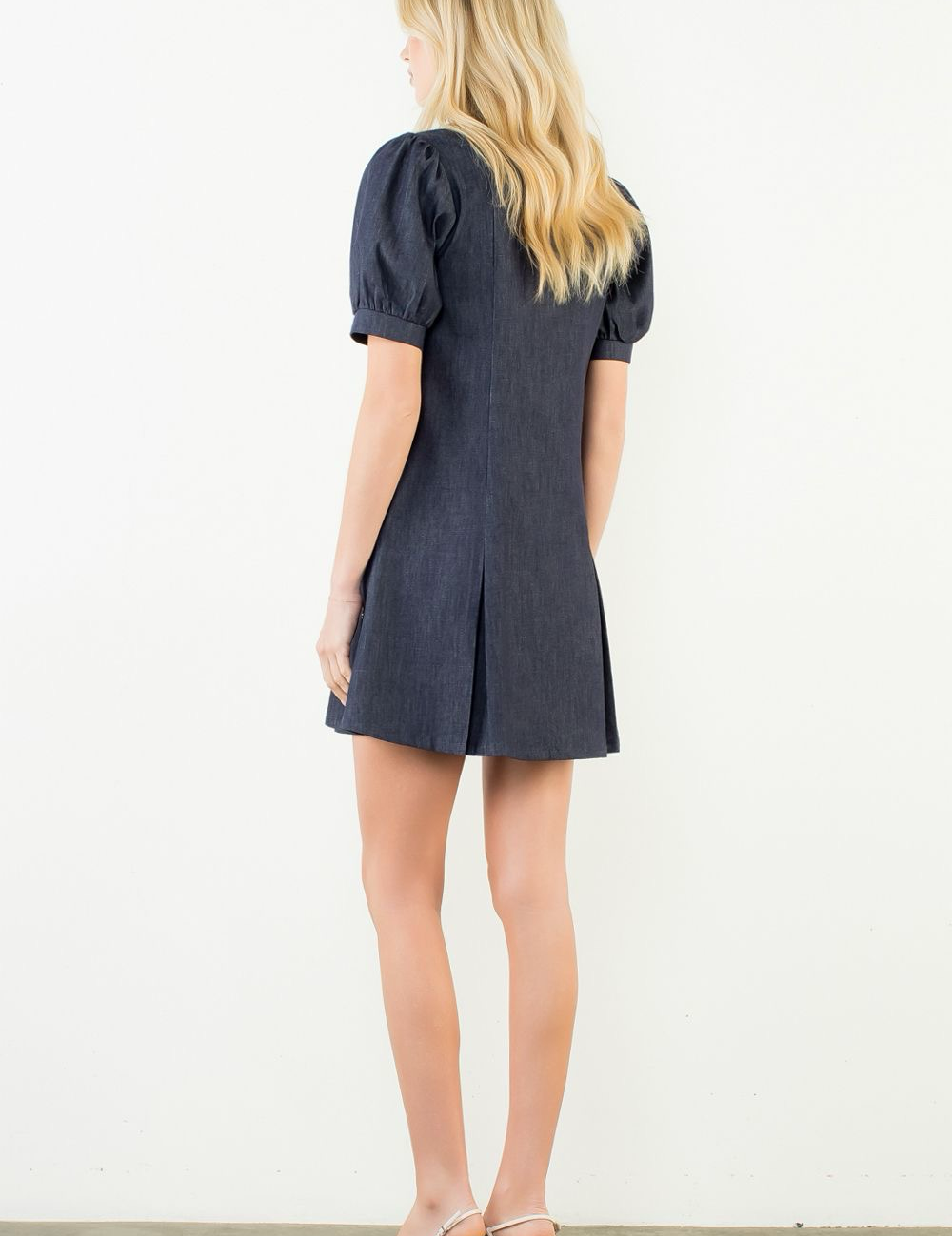 Puff Sleeve Collared Denim Mini Dress