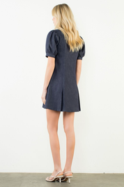 Puff Sleeve Collared Denim Mini Dress